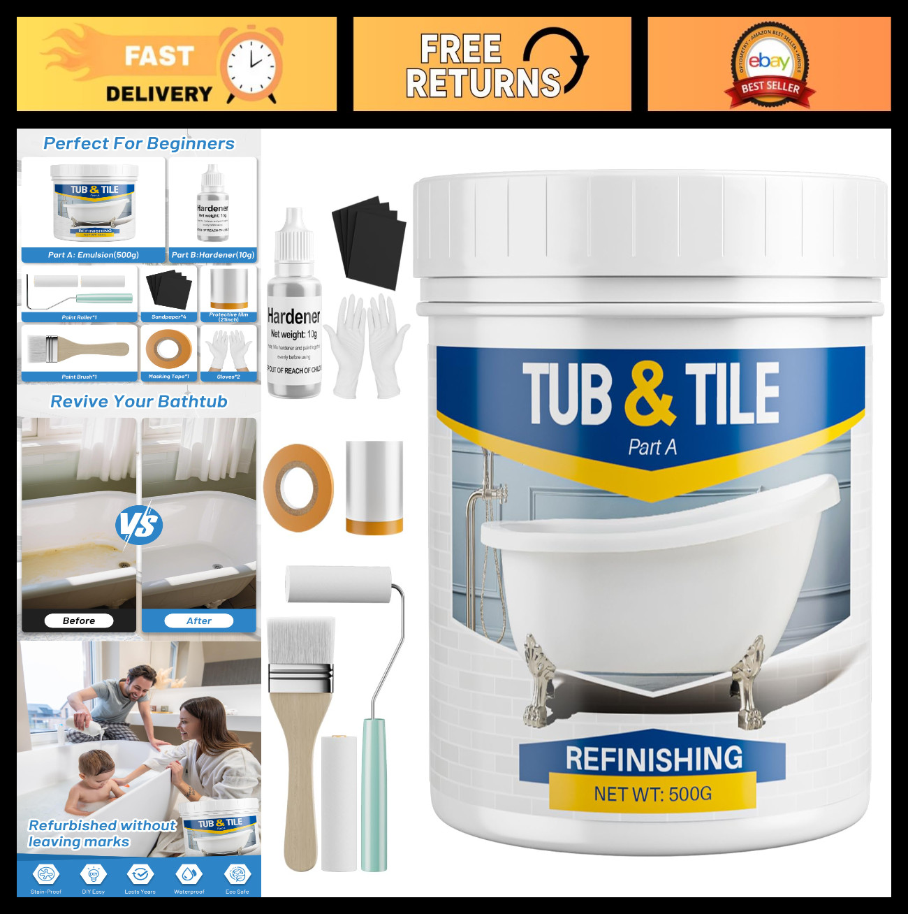 Bathtub Refinishing Kit – 17.6oz White Paint, Tools & Hardener, Low Odor, Easy U
