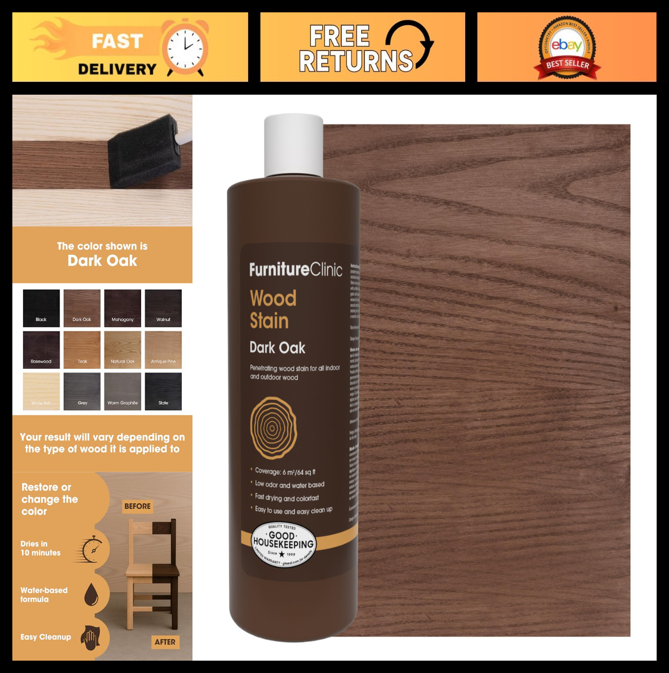 Dark Oak Wood Stain – Water-Based, Fast Drying, Low Odor, Non-Toxic – 17oz for I