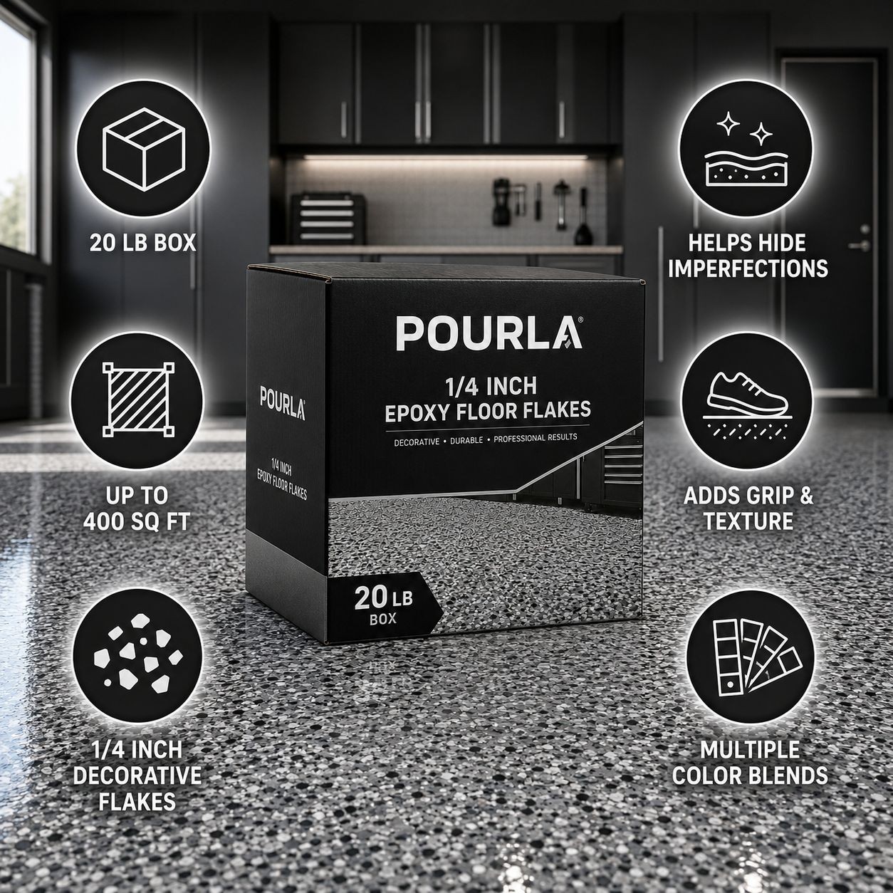 POURLA 1/4″ Epoxy Floor Flakes 20lb /9kg Box Garage Floor Chips Covers 400 Sq Ft