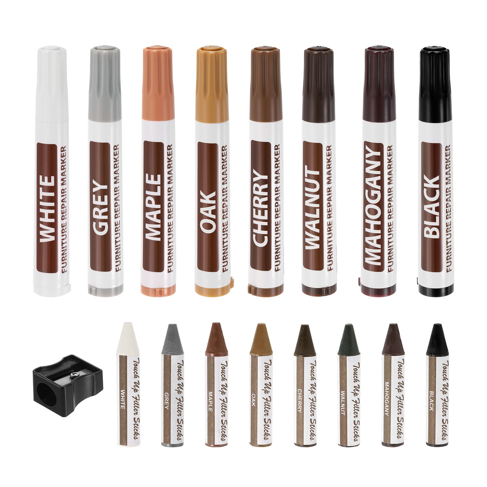 Furniture Repair Kit Wood Markers, Set of 17 Markers and Wax Sticks, Sharpener