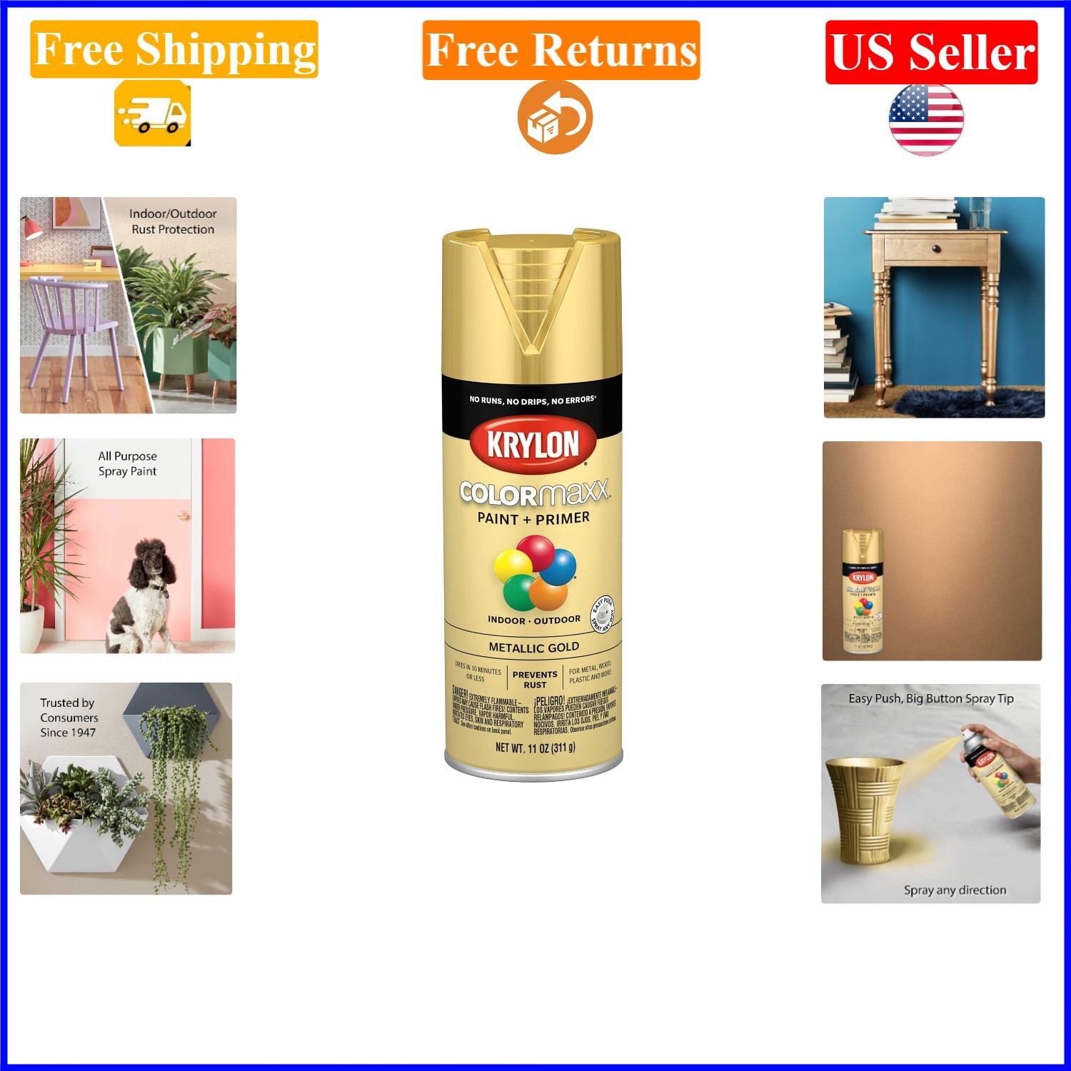Krylon COLORmaxx Metallic Gold Spray Paint, 11 oz, Indoor/Outdoor, Rust-Resis…