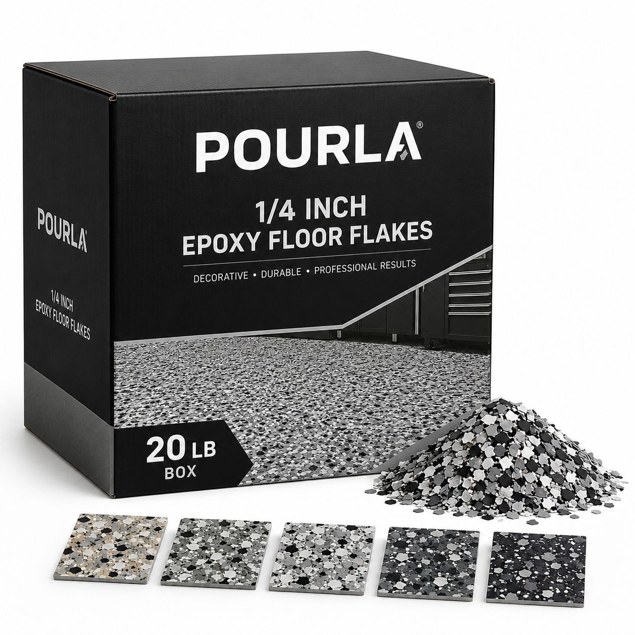 POURLA 1/4″ Epoxy Floor Flakes 20lb /9kg Box Garage Floor Chips Covers 400 Sq Ft