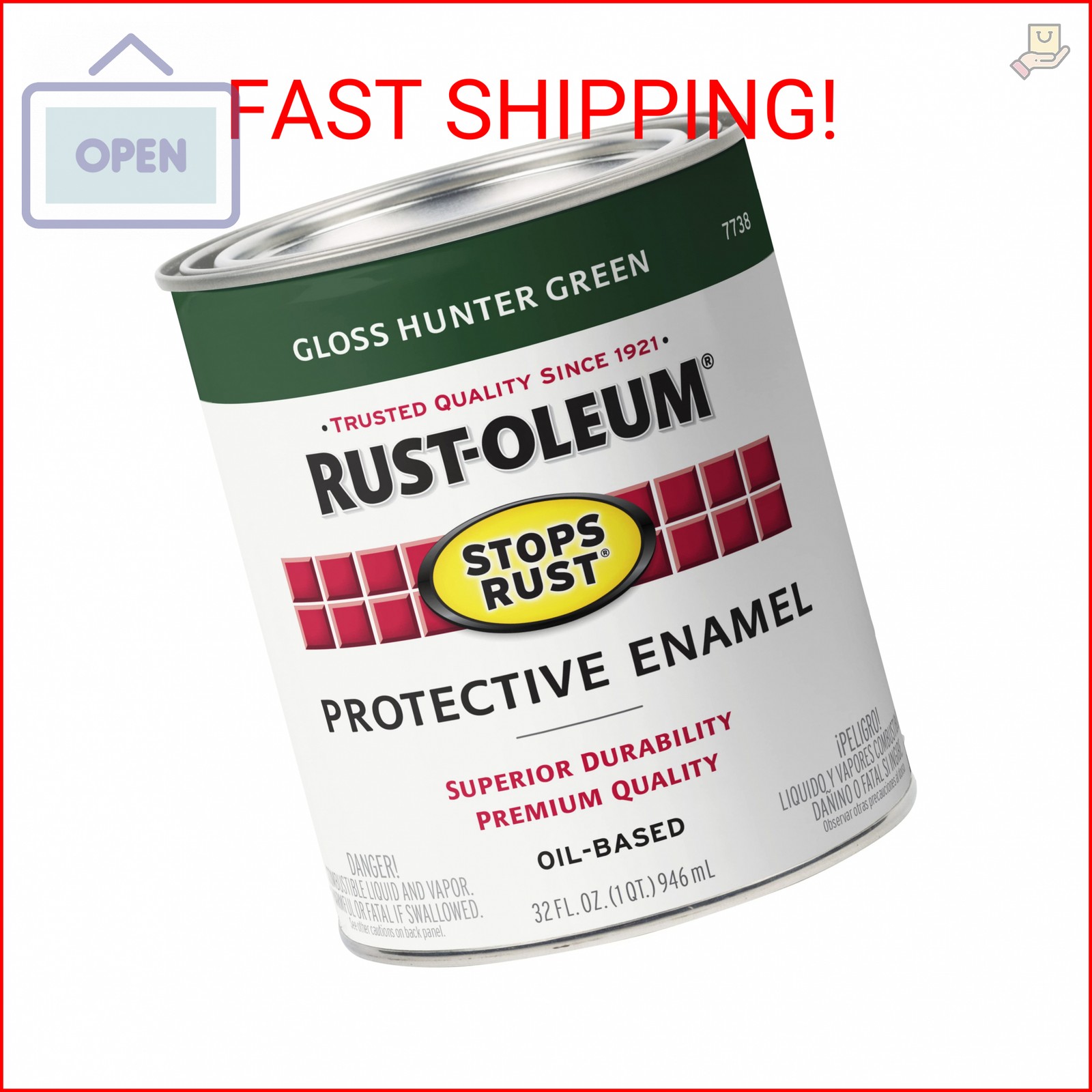 Rust-Oleum 7738502 Stops Rust Brush On Paint, Quart, Gloss Hunter Green, (Pack o