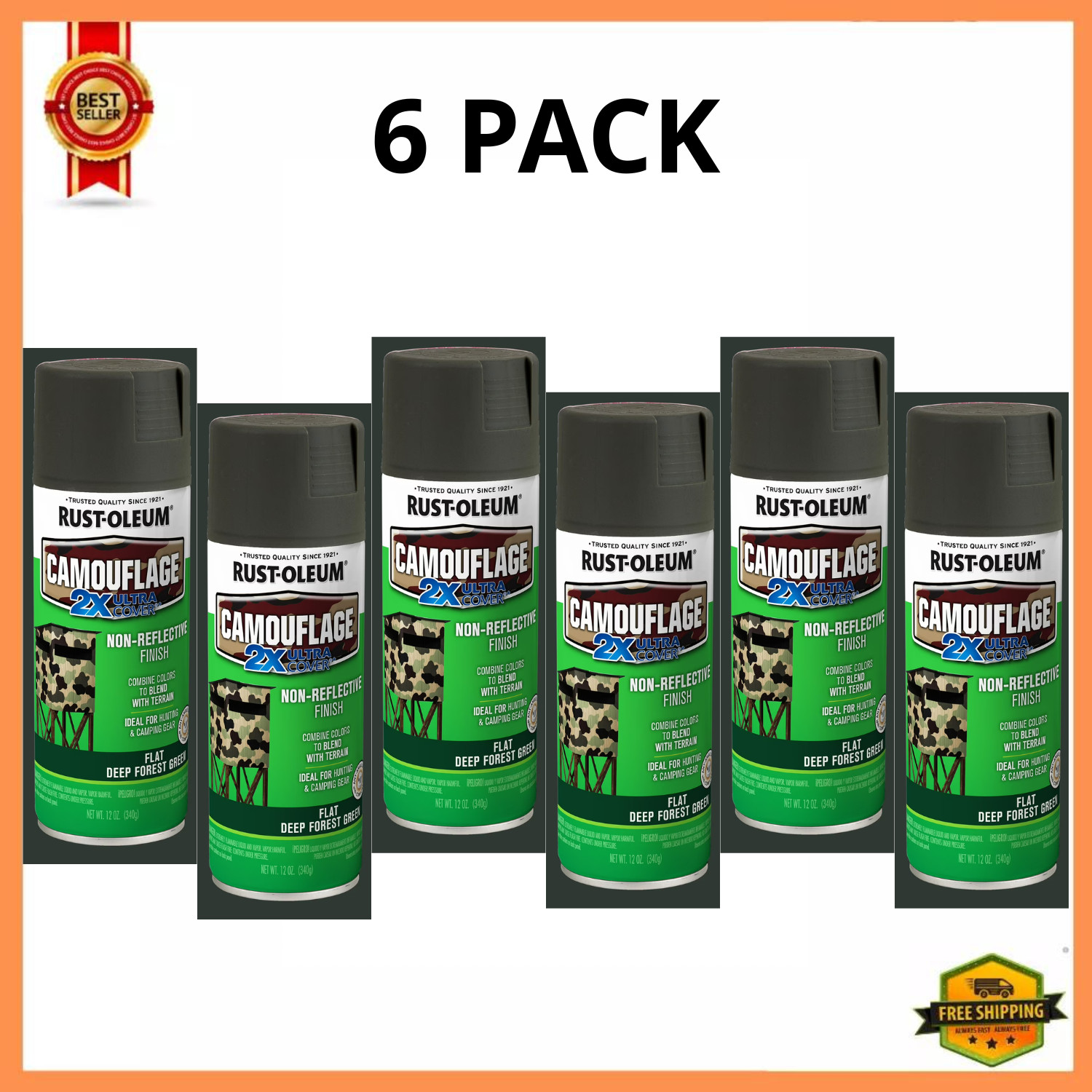 Rust-Oleum Camouflage 2X Ultra Cover Spray Paint Deep Forest Green 12 oz, 6 Pack