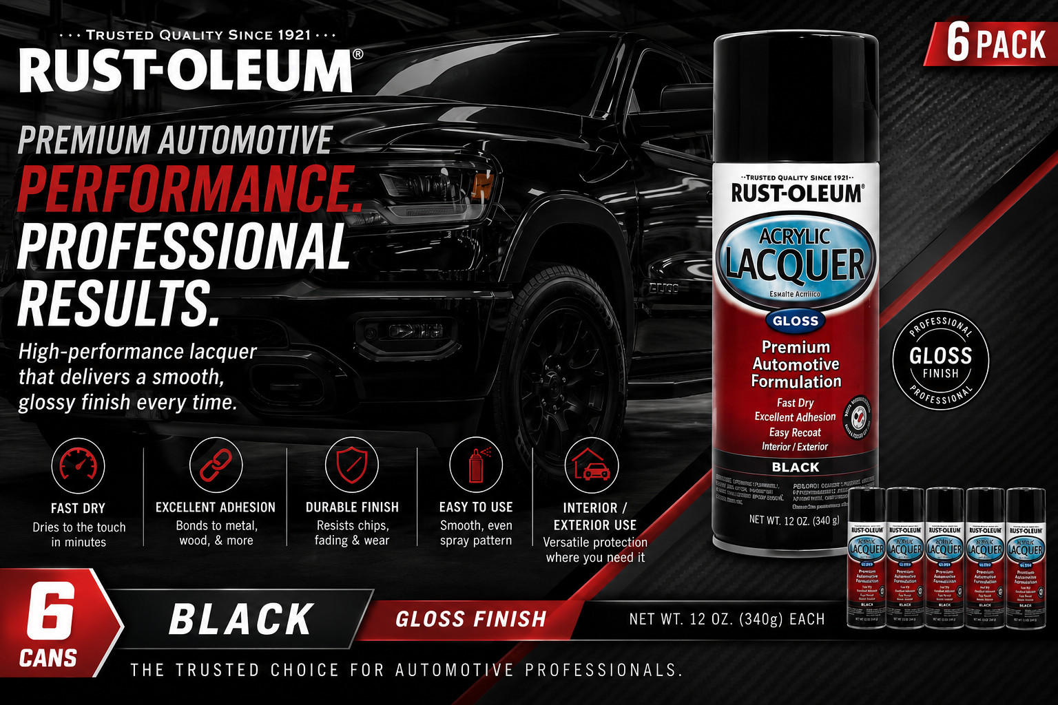 (6) RUST-OLEUM AUTOMOTIVE 253365 GLOSS BLACK ACRYLIC LACQUER FAST DRY 12 oz CANS