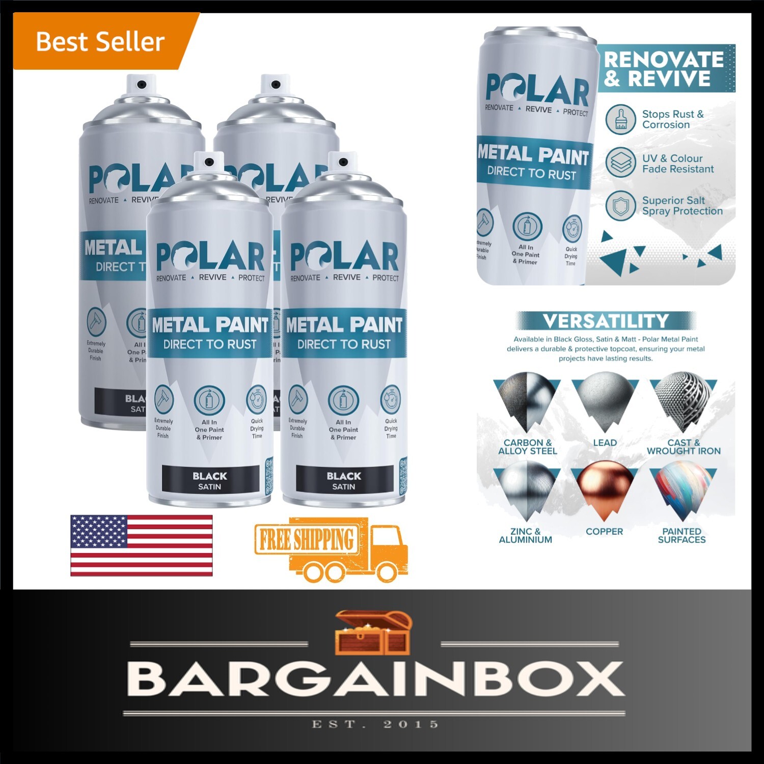 Quick Dry Polar Satin Black Spray Paint – 4-Pack for Rust & Corrosion Defense