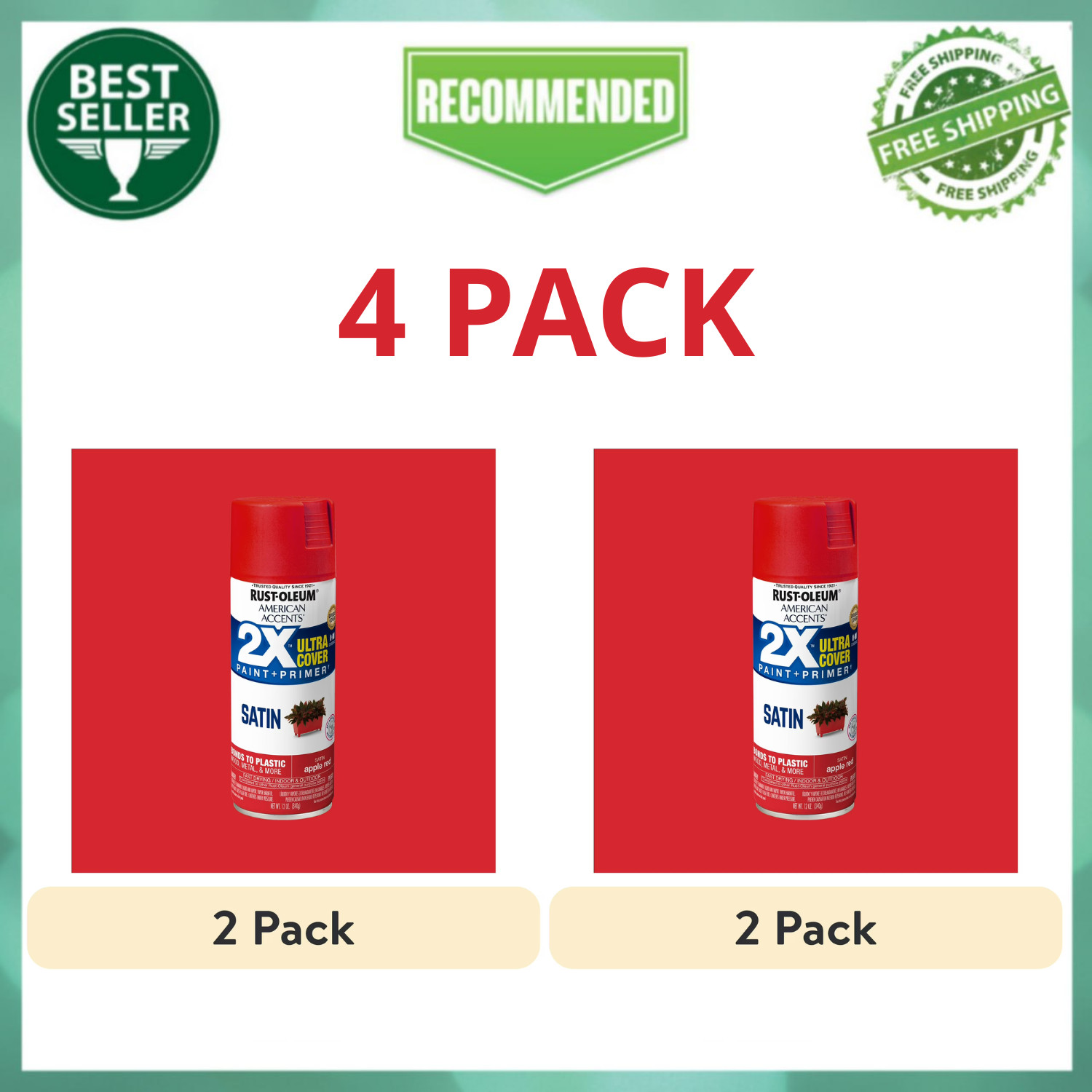 Rust-Oleum American Accents 2X Satin Apple Red Spray Paint 12oz, 4 Pack