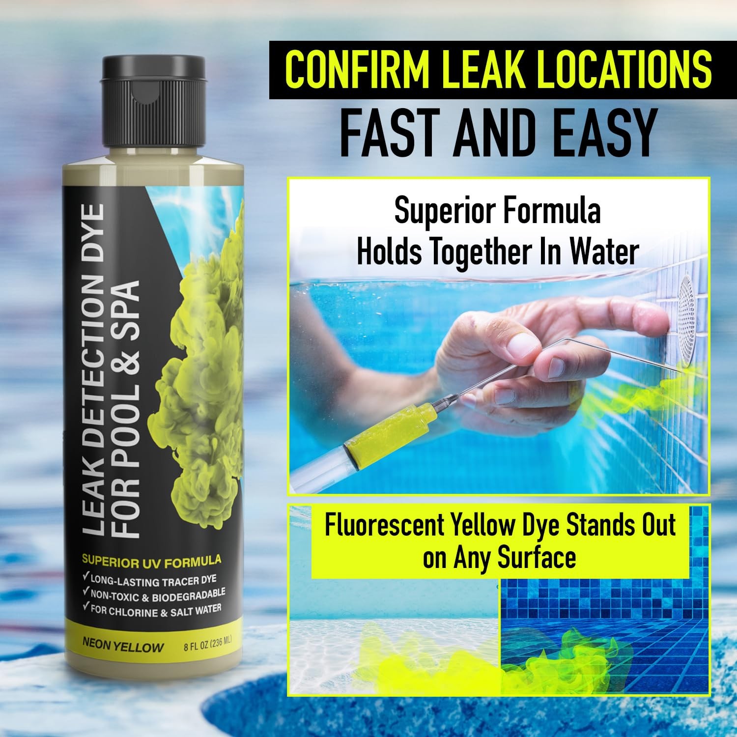 Pool Leak Detection Dye Kit – with 2 Precision Applicators Fluorescent Yellow