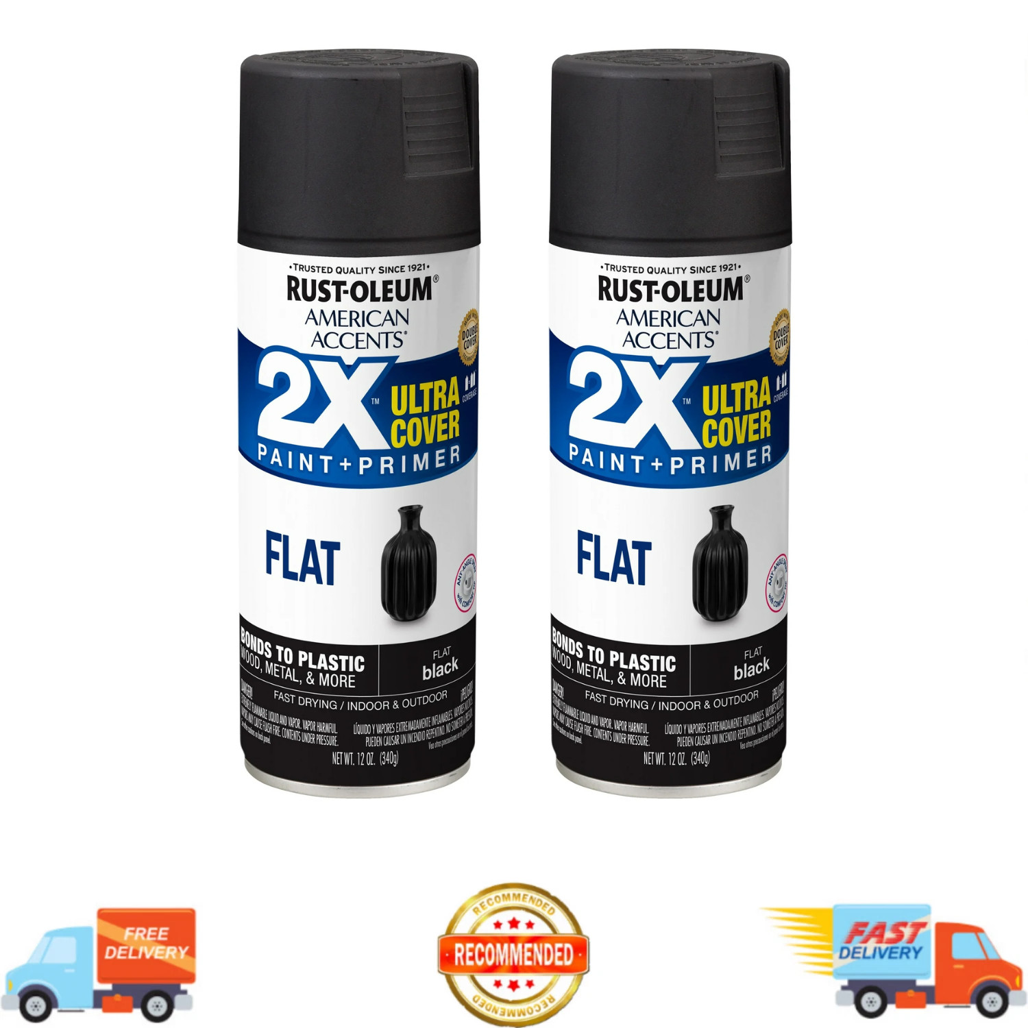 2-Pack Black, Rust-Oleum American Accents 2X Ultra Cover Flat Spray Paint, 12 oz