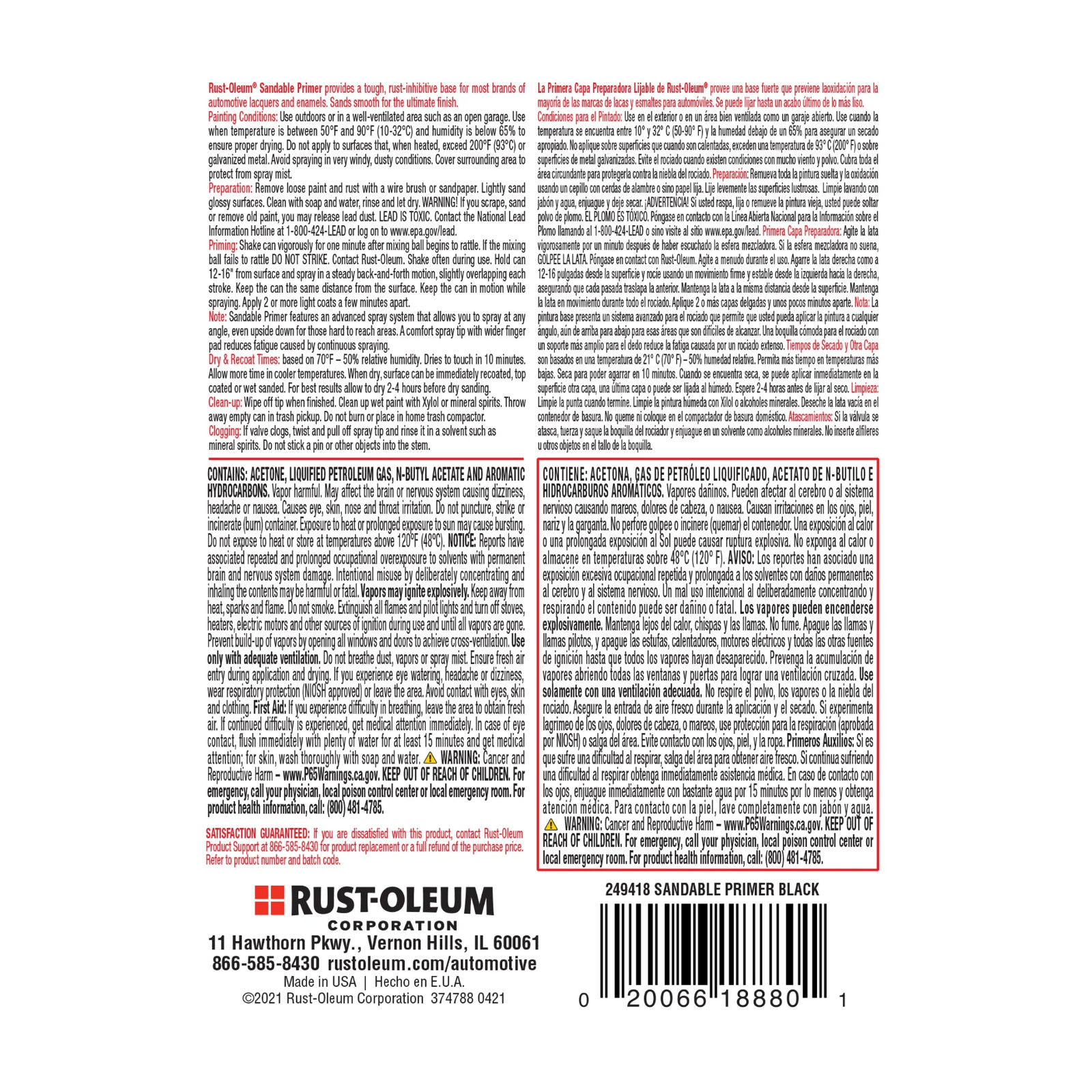 Rust-Oleum 249418 Automotive Sandable Primer Spray Paint 12 oz Black Home Garden