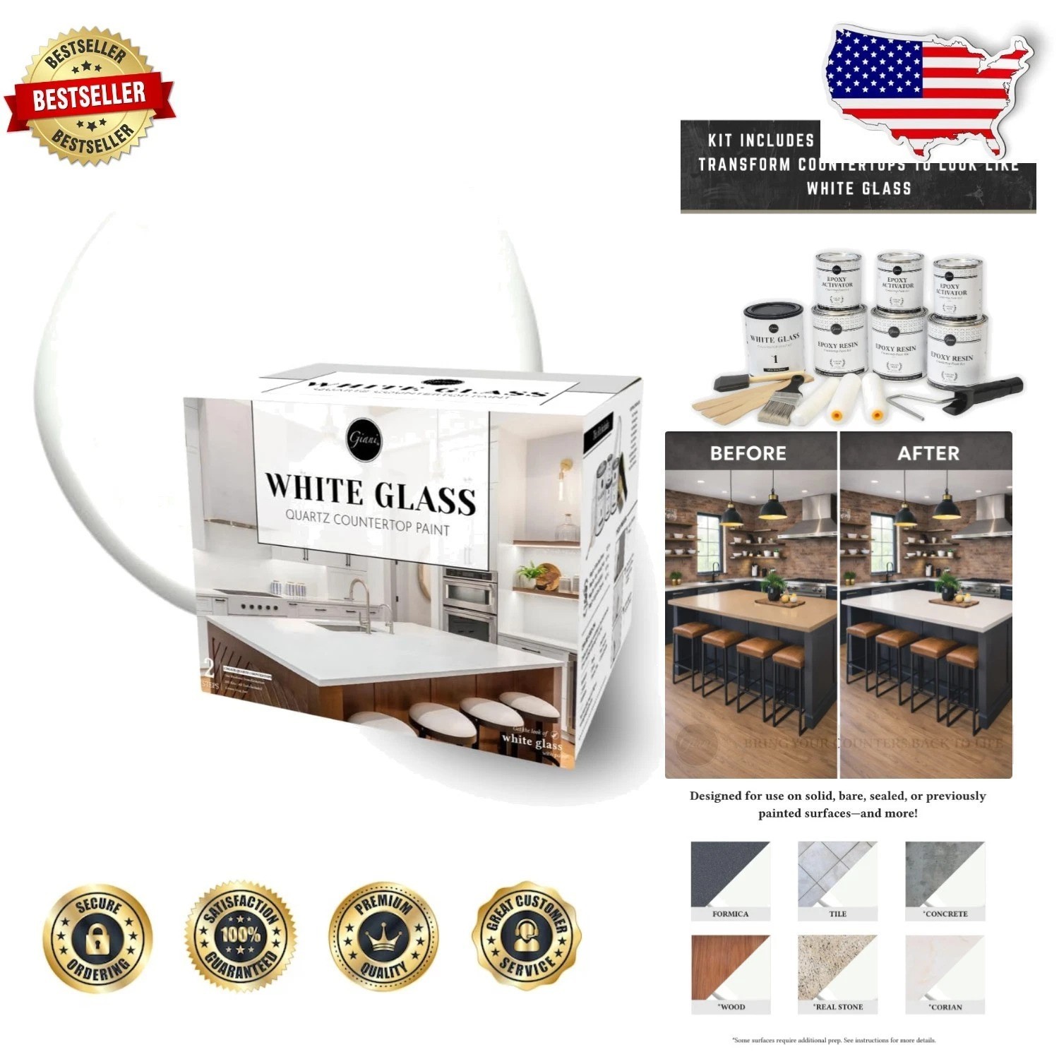 Easy Epoxy Countertop Paint Kit White Quartz High-Gloss Finish 35 Sq Ft
