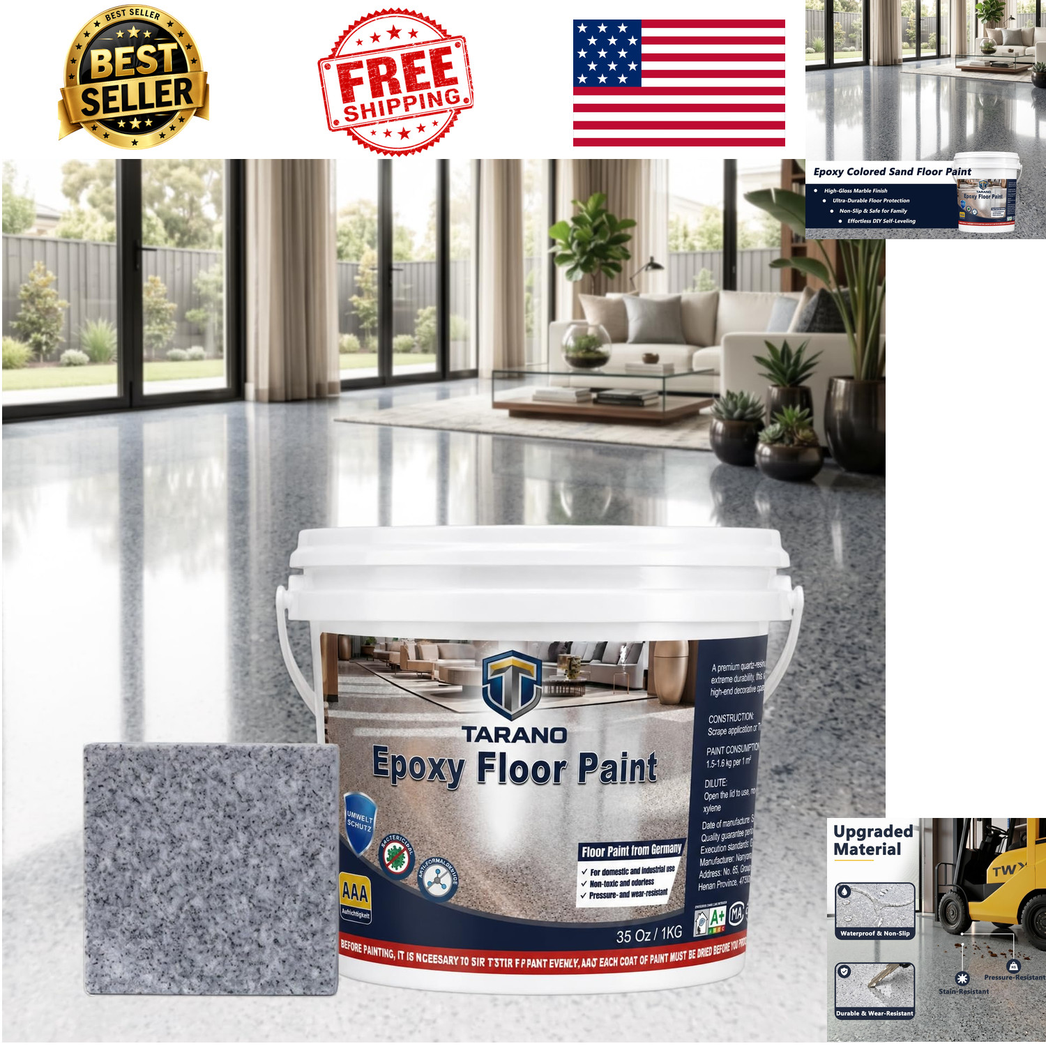 Epoxy Colored Sand Floor Paint Self-Leveling Concrete Garage Patio Non-Slip 35oz