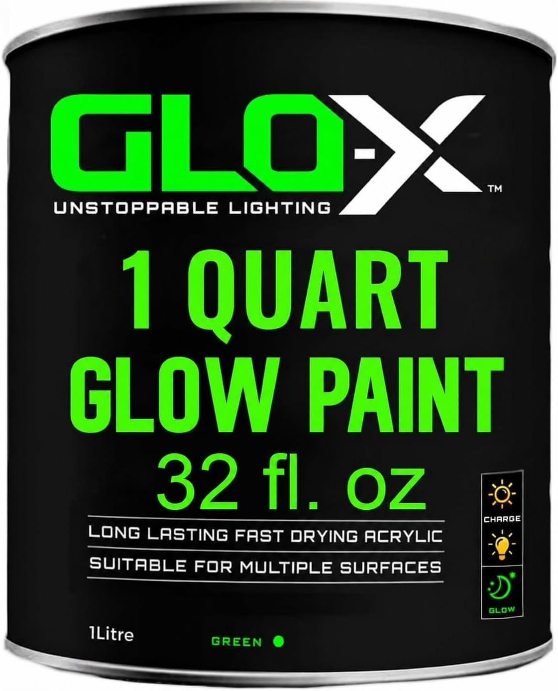 GLO-X Green Glow in the Dark Acrylic Paint 1L UV Reactive Fluorescent Paint