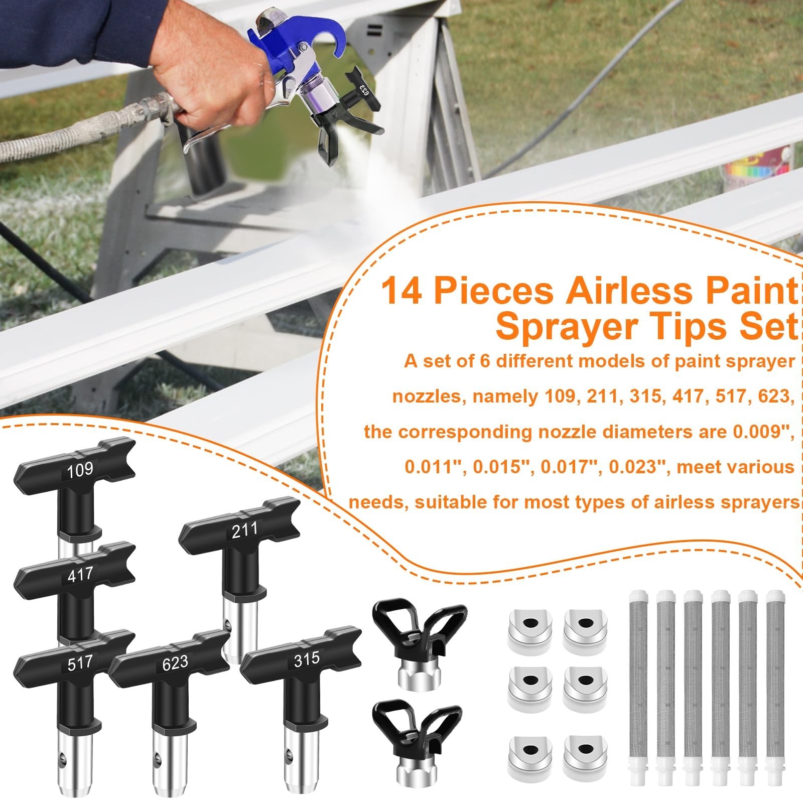 14 Pieces Airless Paint Sprayer Tips Set, 6 Reversible Spray Nozzles, 6 Airle…