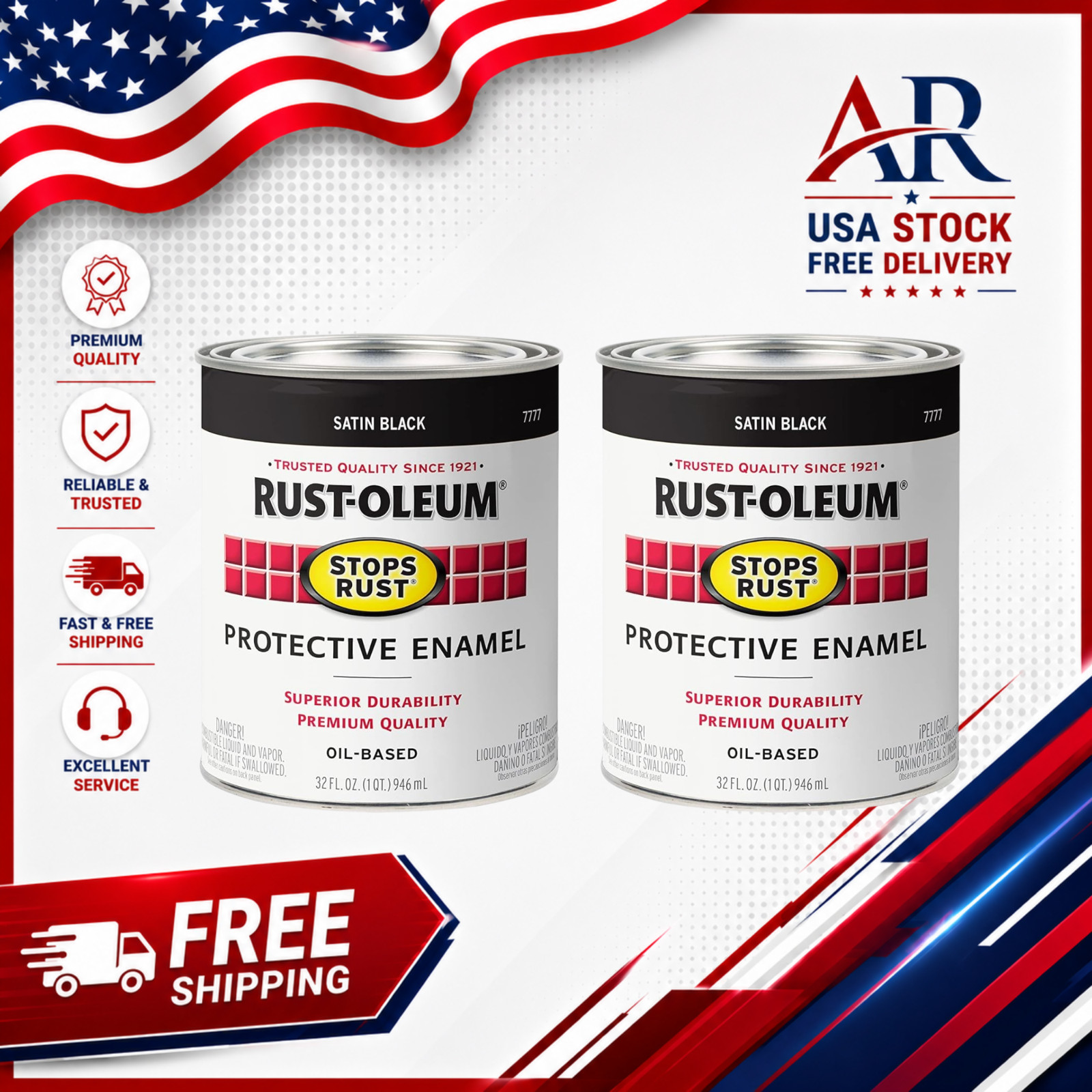 Rust-Oleum 7777502-2PK Stops Rust Brush On Paint, Quart, Satin Black, 2 Pack