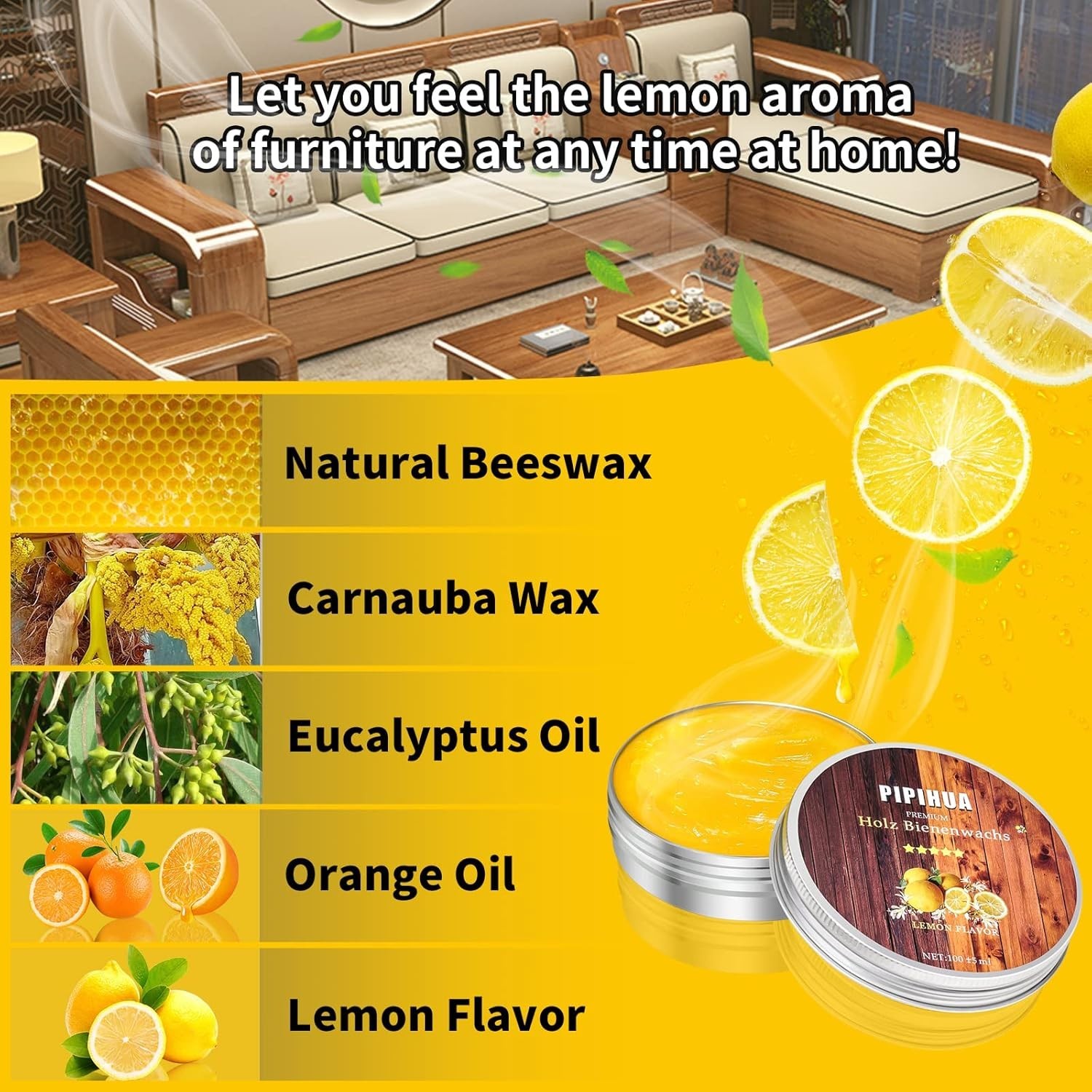 Wood Furniture Polish: 100g Beeswax Cream, Lemon Scent with Sponge for Easy Use