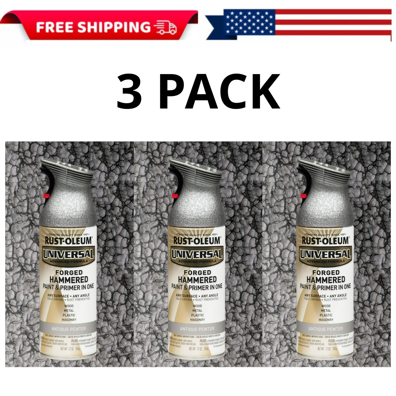Rust-Oleum Universal Hammered Spray Paint Antique Pewter 12 oz All Surface, 3PK