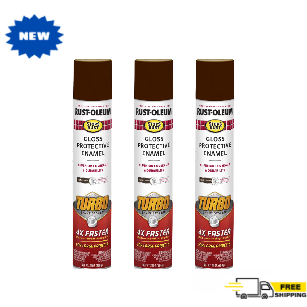 3 Pack Rust-Oleum Stops Rust Turbo Gloss Leather Brown Enamel Spray Paint, 24oz
