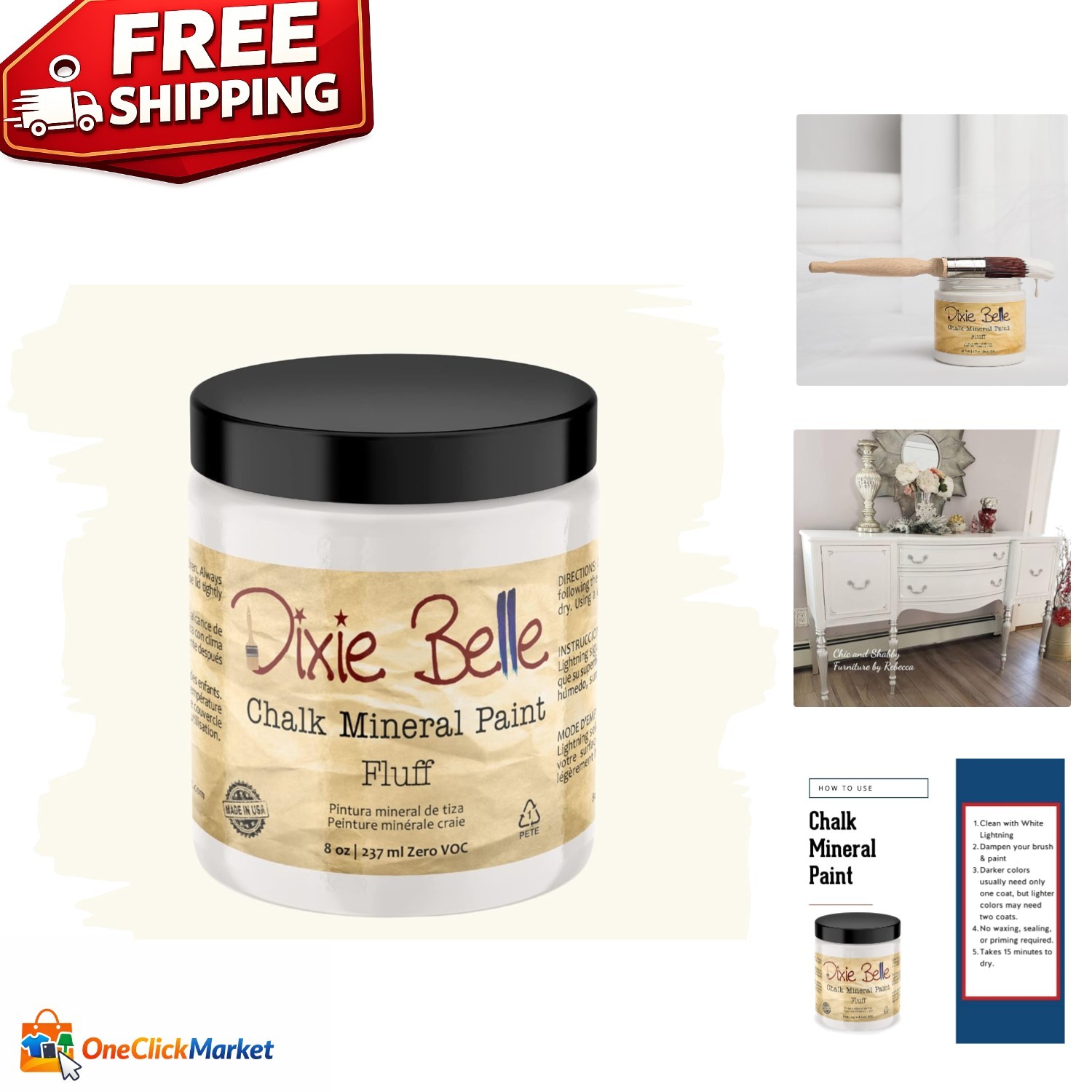 Fluff Chic Chalk Mineral Paint – 8oz Matte Soft White for Elegant DIY Projects