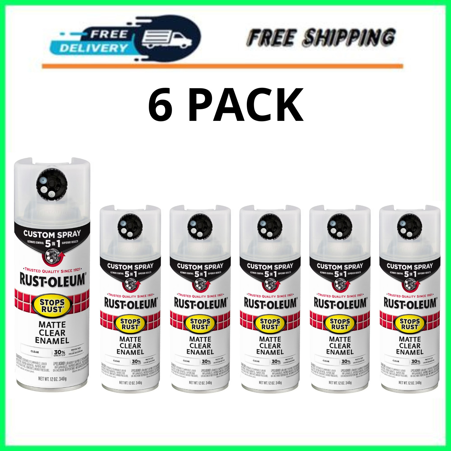 Rust-Oleum Stops Rust Custom 5-in-1 Matte Clear Spray Paint 12oz, 6 Pack