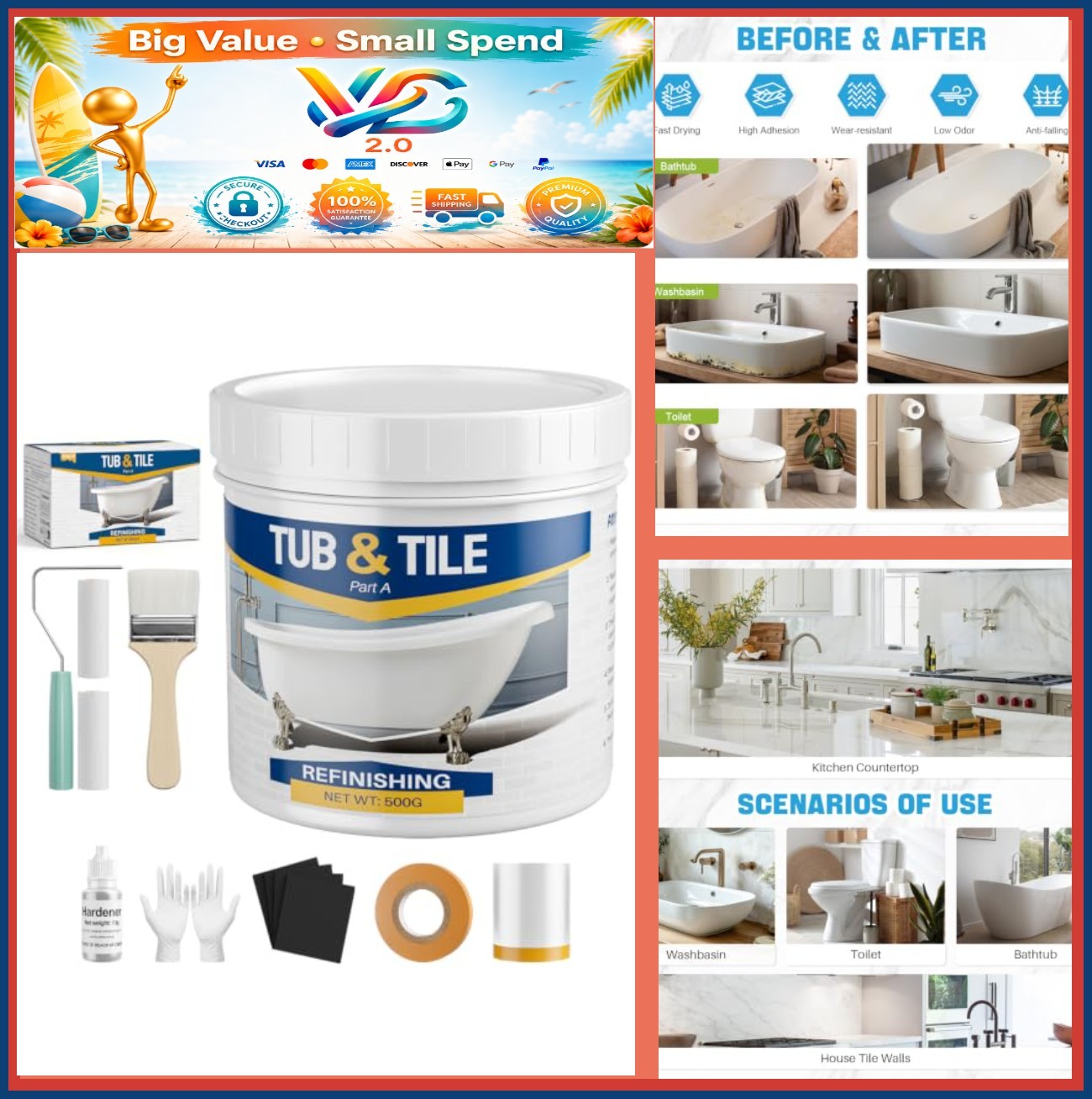 White Tub & Tile Paint 17.6oz Refinishing Kit with Hardener DIY Bathroom Bathtub