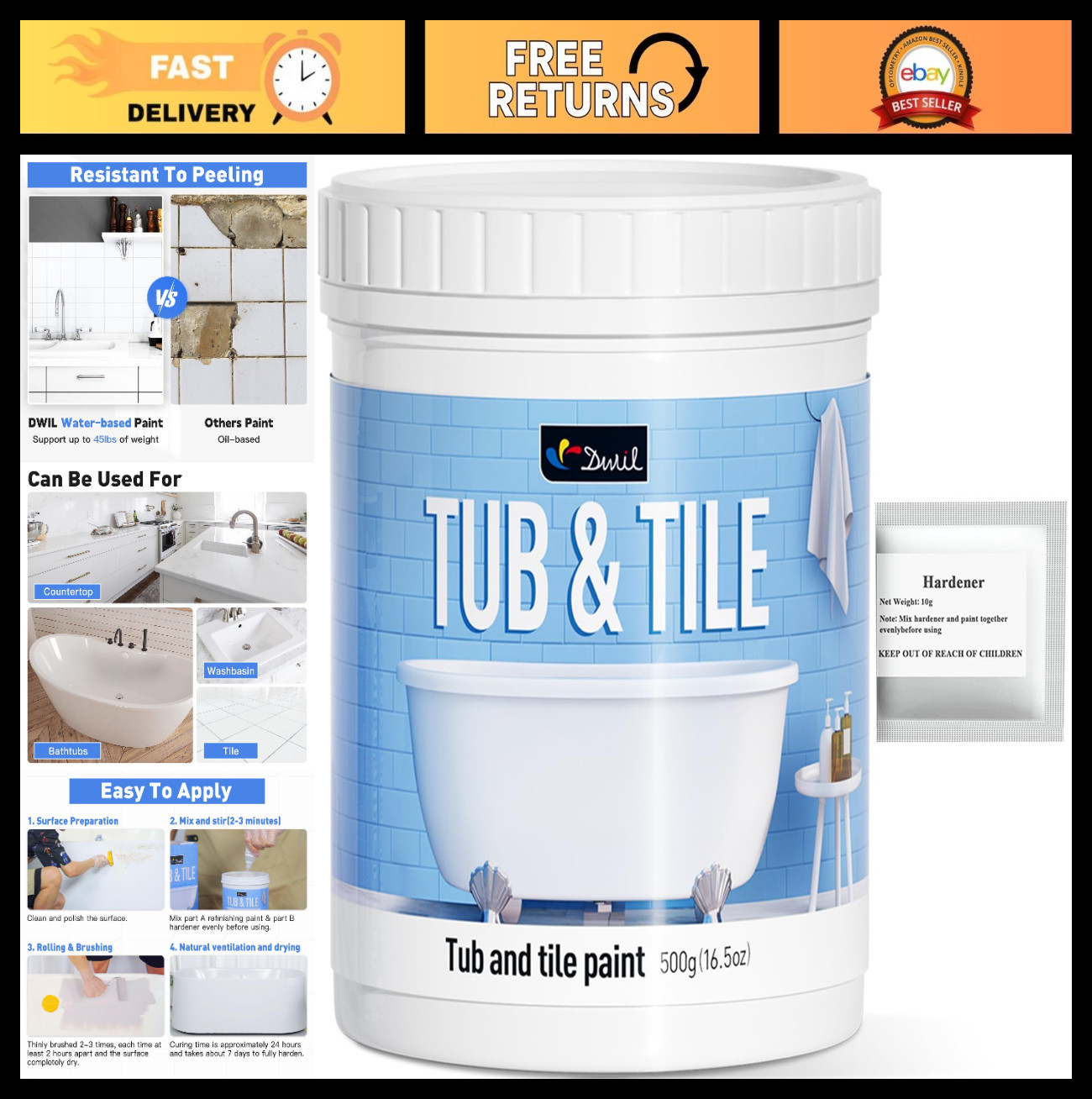 Water-Based Tub & Tile Refinishing Paint 16.5oz, Low Odor, Semi-Gloss White, Cov