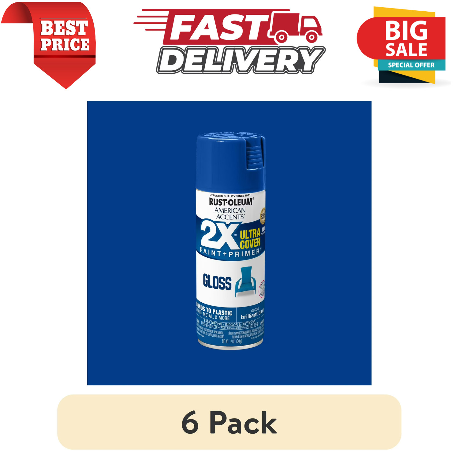 (6 Pack) Rust Oleum 2X Ultra Cover Spray Paint Gloss Finish Brilliant Blue 12 oz