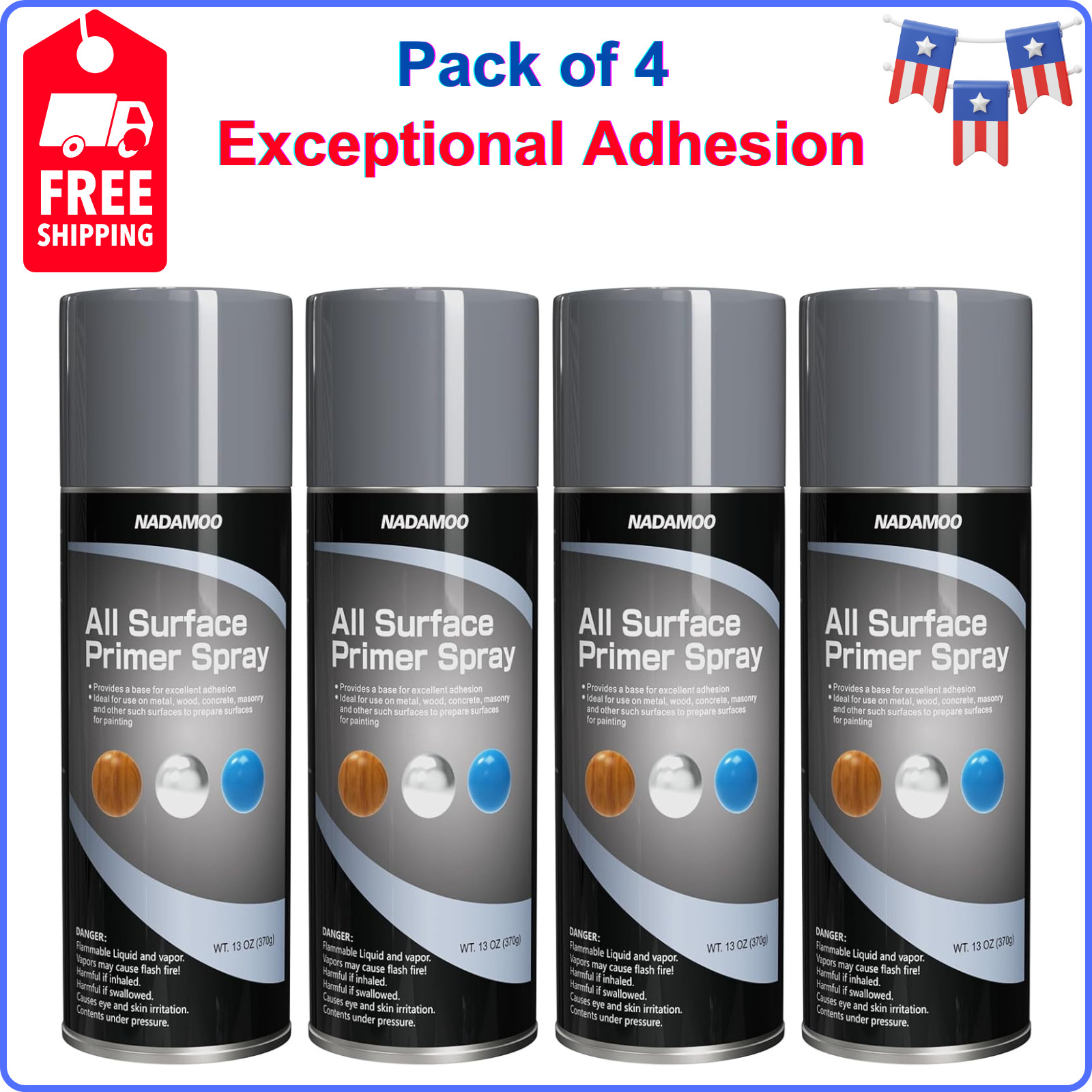 NADAMOO All Surface Primer Spray – One-Part Epoxy Primer Matte Gray, Pack of 4