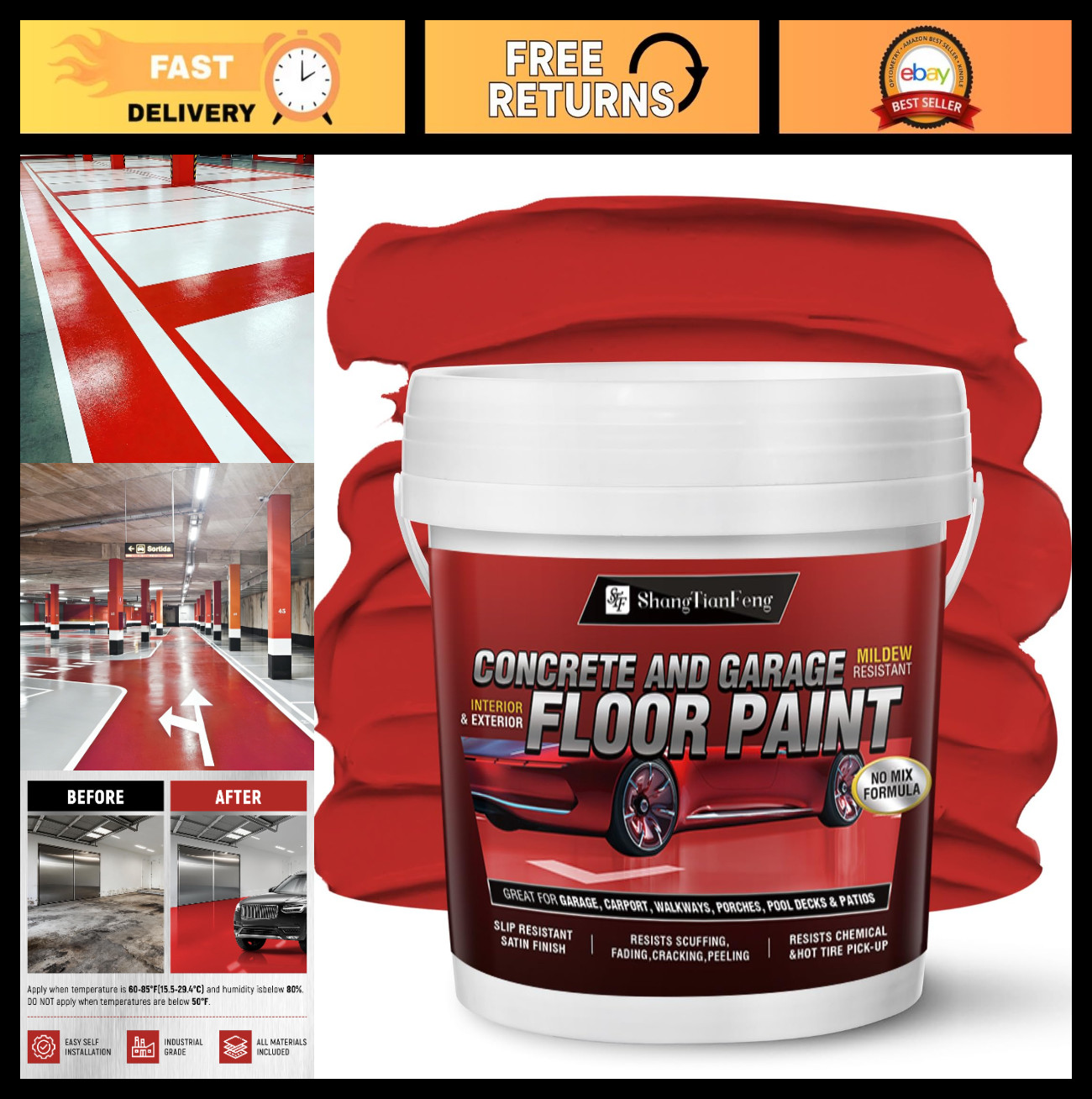 Epoxy Floor Paint Kit 1 Gallon – Red Acrylic Coating for Garages & Basements, Sc