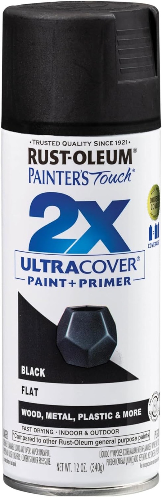 Rust-Oleum 334020 Painter’S Touch 2X Ultra Cover Spray Paint, 12 Oz, Flat Black