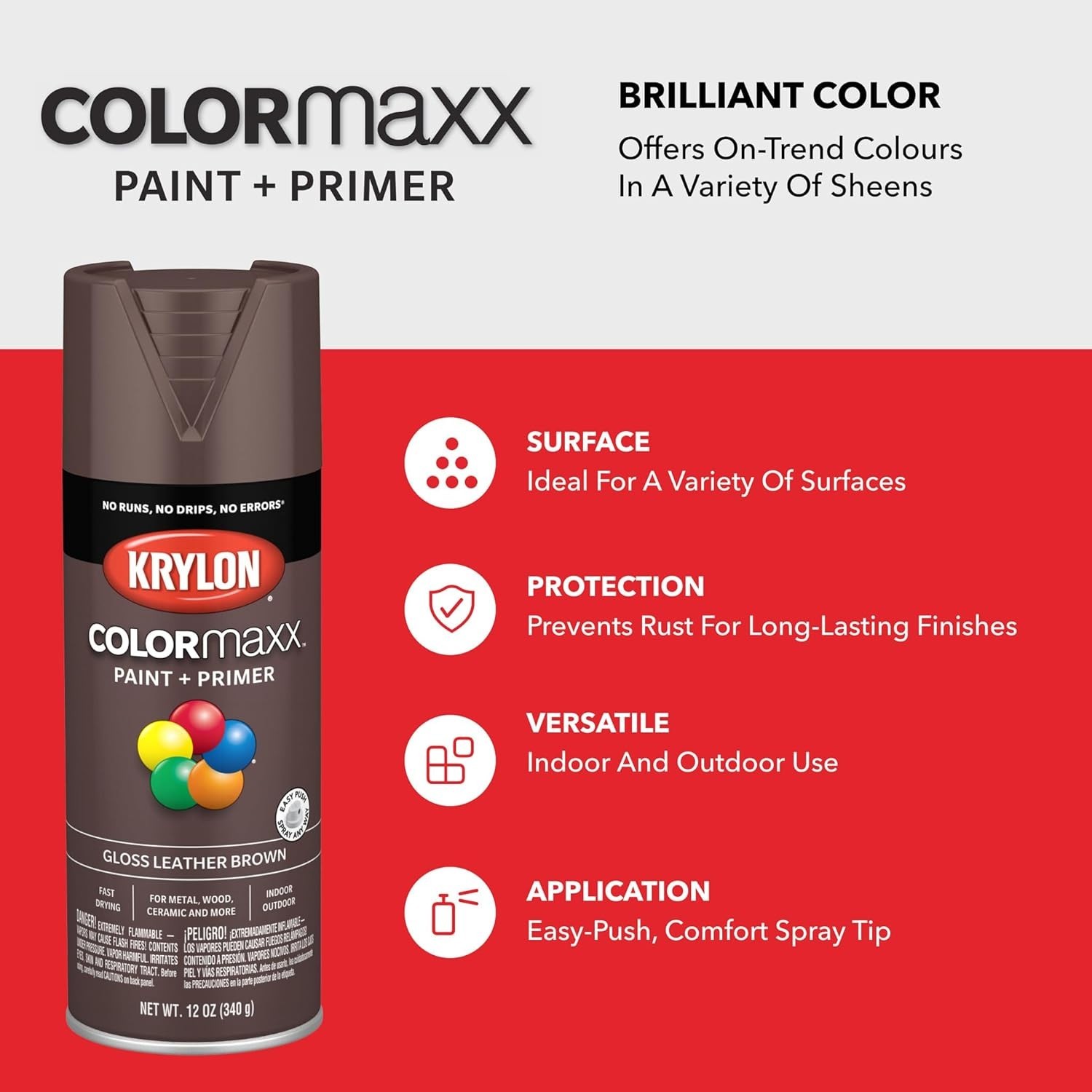 12oz Leather Brown Spray Paint & Primer for Versatile Indoor/Outdoor Use