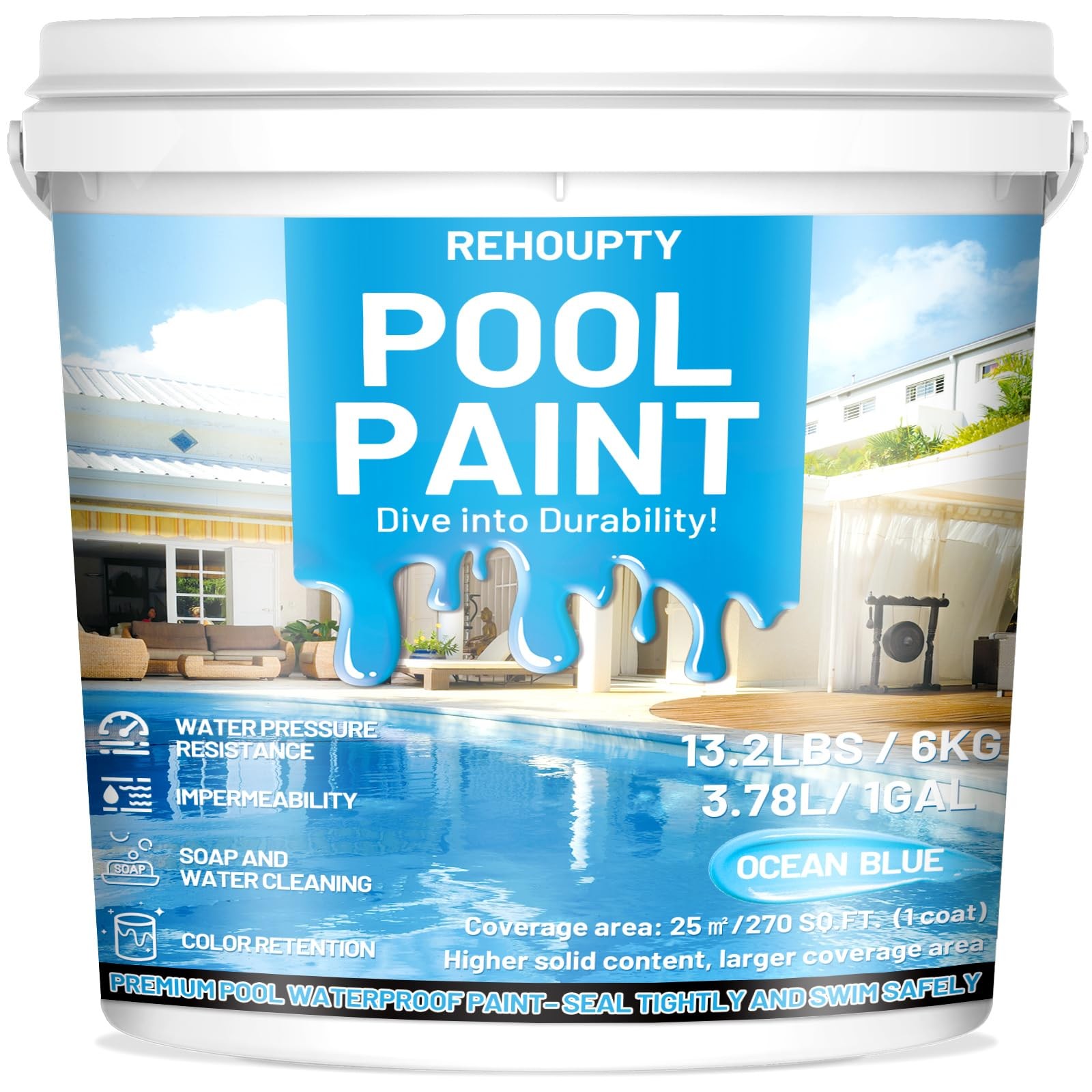 Pool Paint Ocean Blue 211oz, Durability 128 Fl Oz (Pack of 1),
