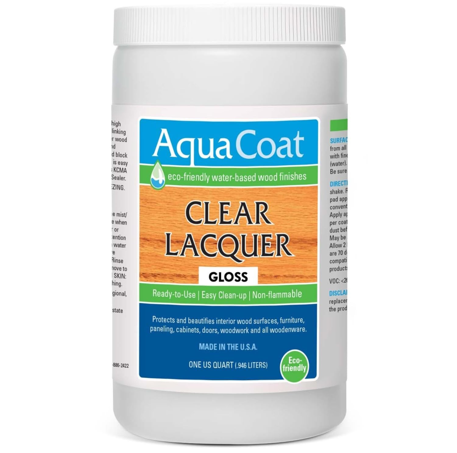 Clear Lacquer Gloss Finish Water-Based for Wood & Plastic 32 oz Aqua Coat