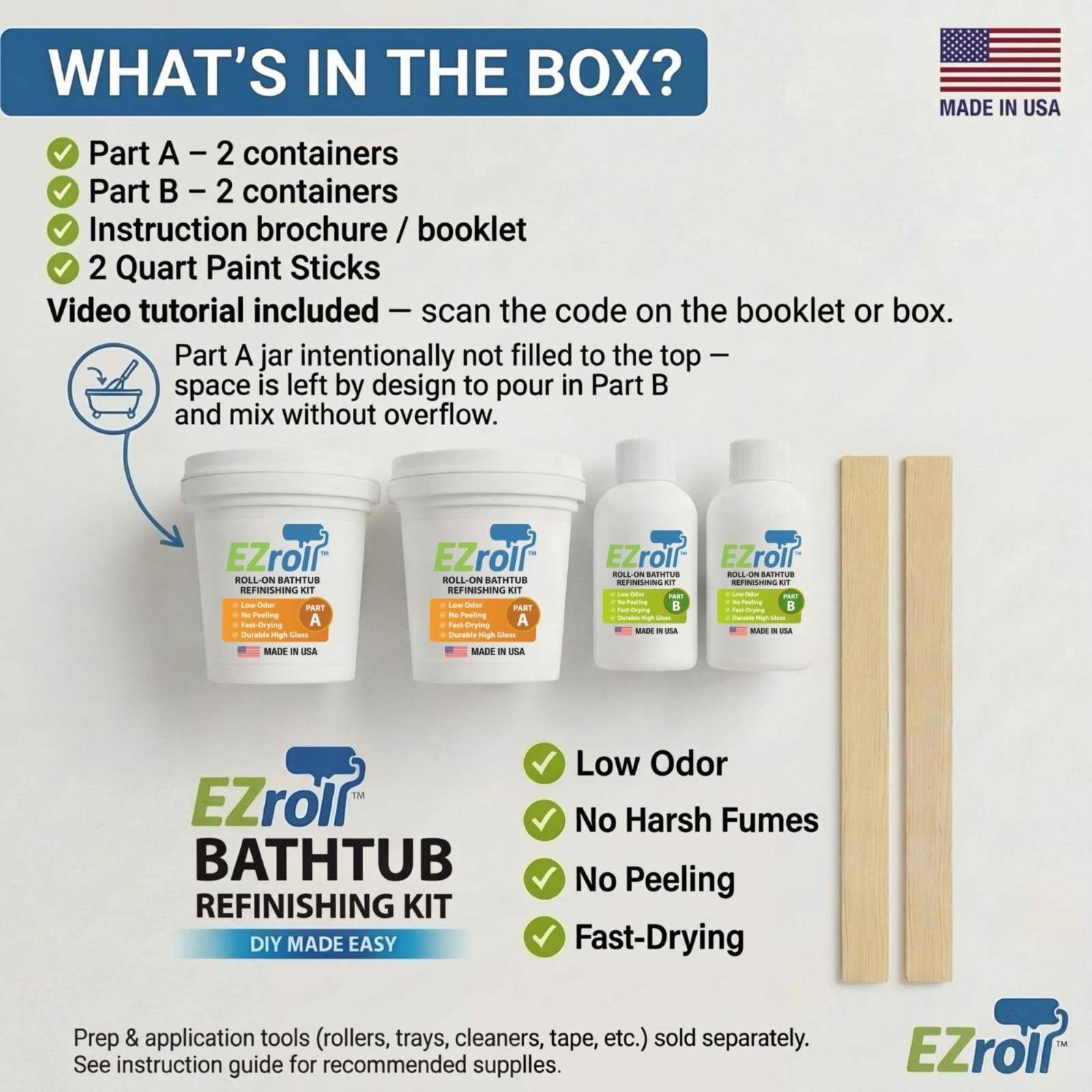 Bathtub Refinishing Kit – Low Odor White Paint for Tub, Tile, Sink & Shower – DI