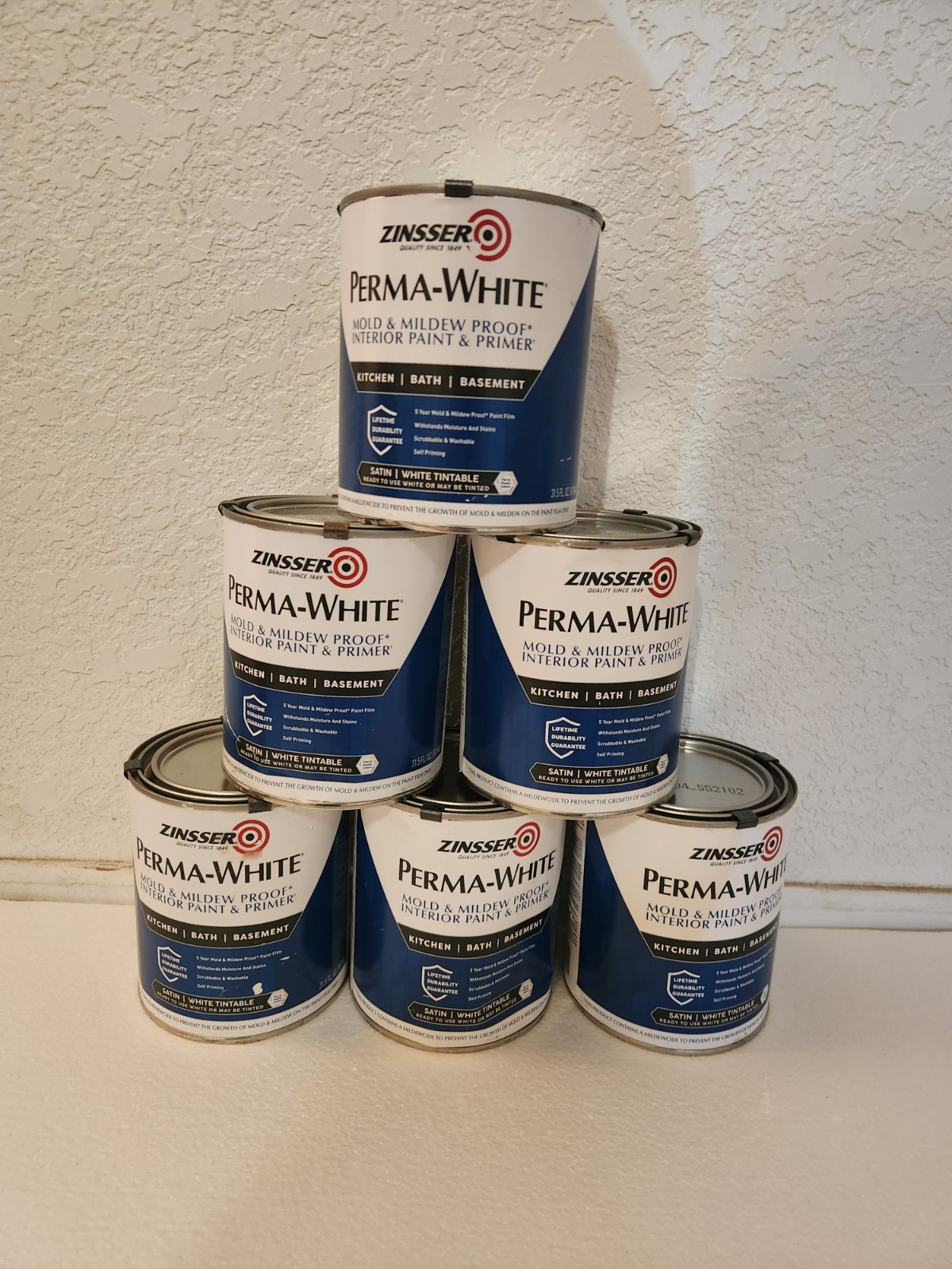 6 Pack Zinsser Mildew Proof Interior Paint Satin White 1 Qt