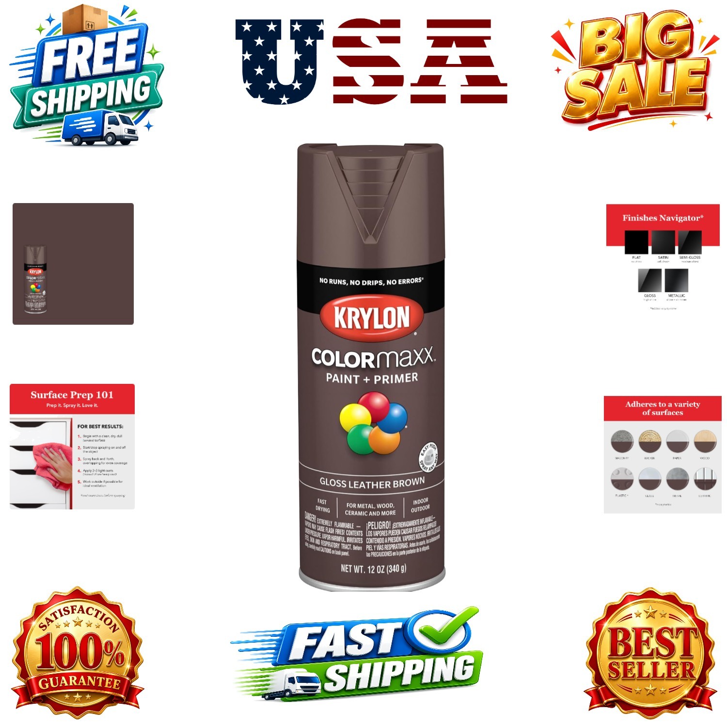 K0007 COLORmaxx Spray Paint and Primer for Indoor/Outdoor Use, Gloss Leather …