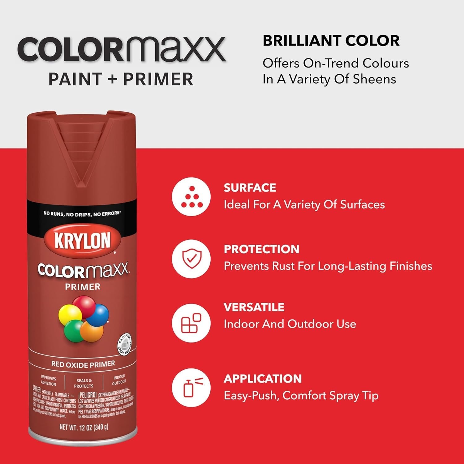 Krylon COLORmaxx Red Oxide Primer Spray – 12 oz Fast Drying for All Surfaces
