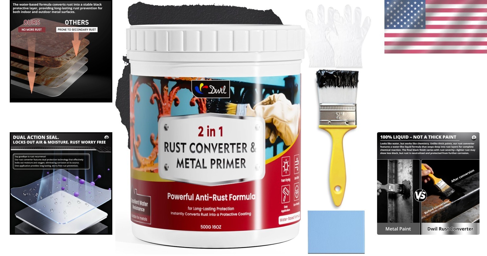 2 in 1 High-Flow Metal Paint for Rust Prevention and Protection, Black 16 oz
