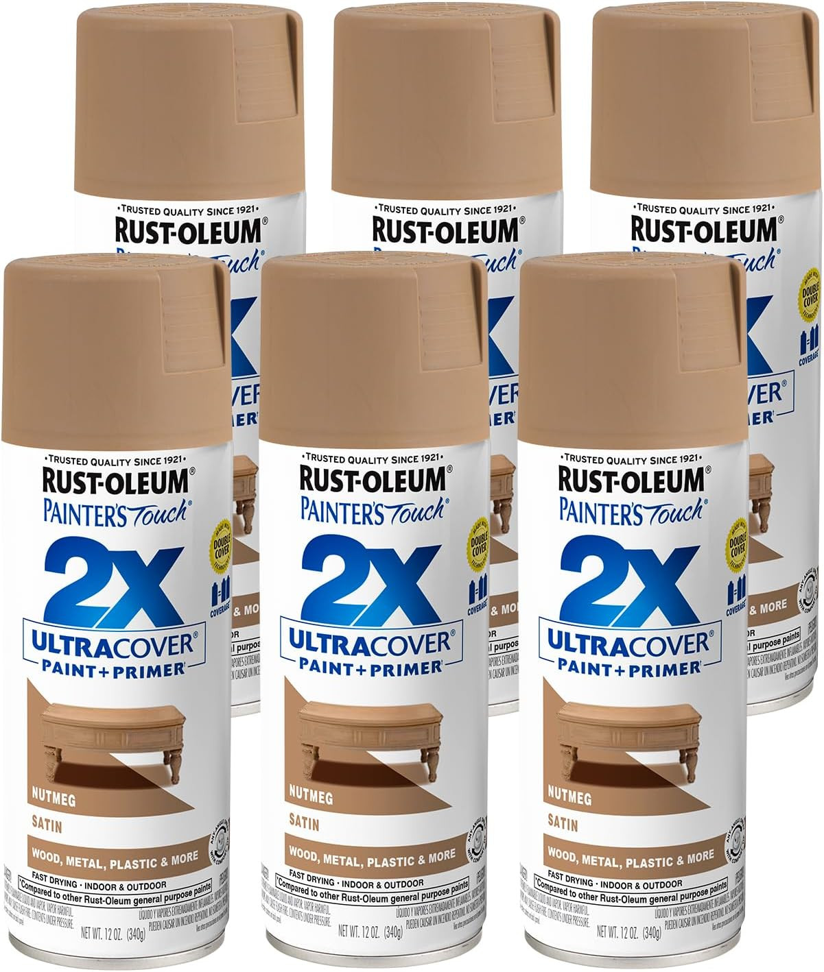 334076-6PK Painter’S Touch 2X Ultra Cover Spray Paint, 12 Oz, Satin Nutmeg, Pac