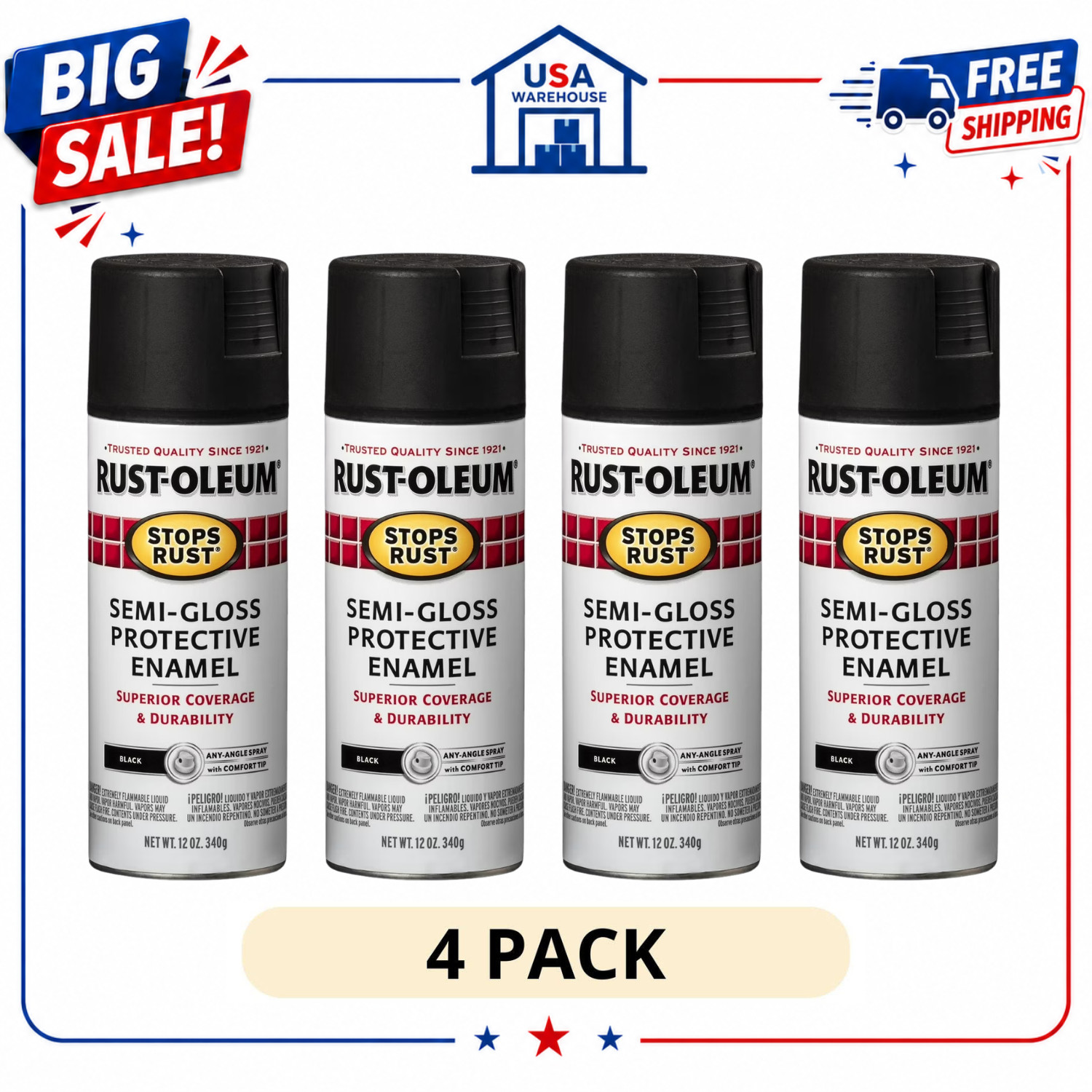 4 Pack Rust Oleum Stops Rust Protective Enamel Spray Paint Semi Gloss Black 12oz