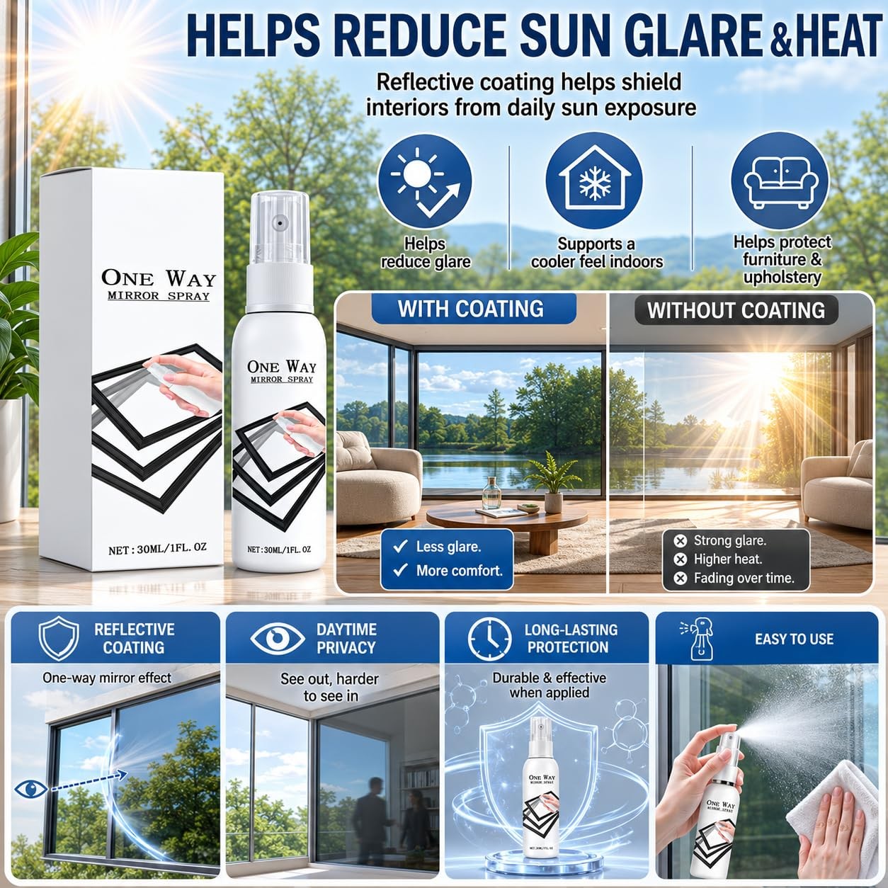 2 PC Reflective Window Spray For Home & Car, 30 ML Glass Reflective Coating Spra