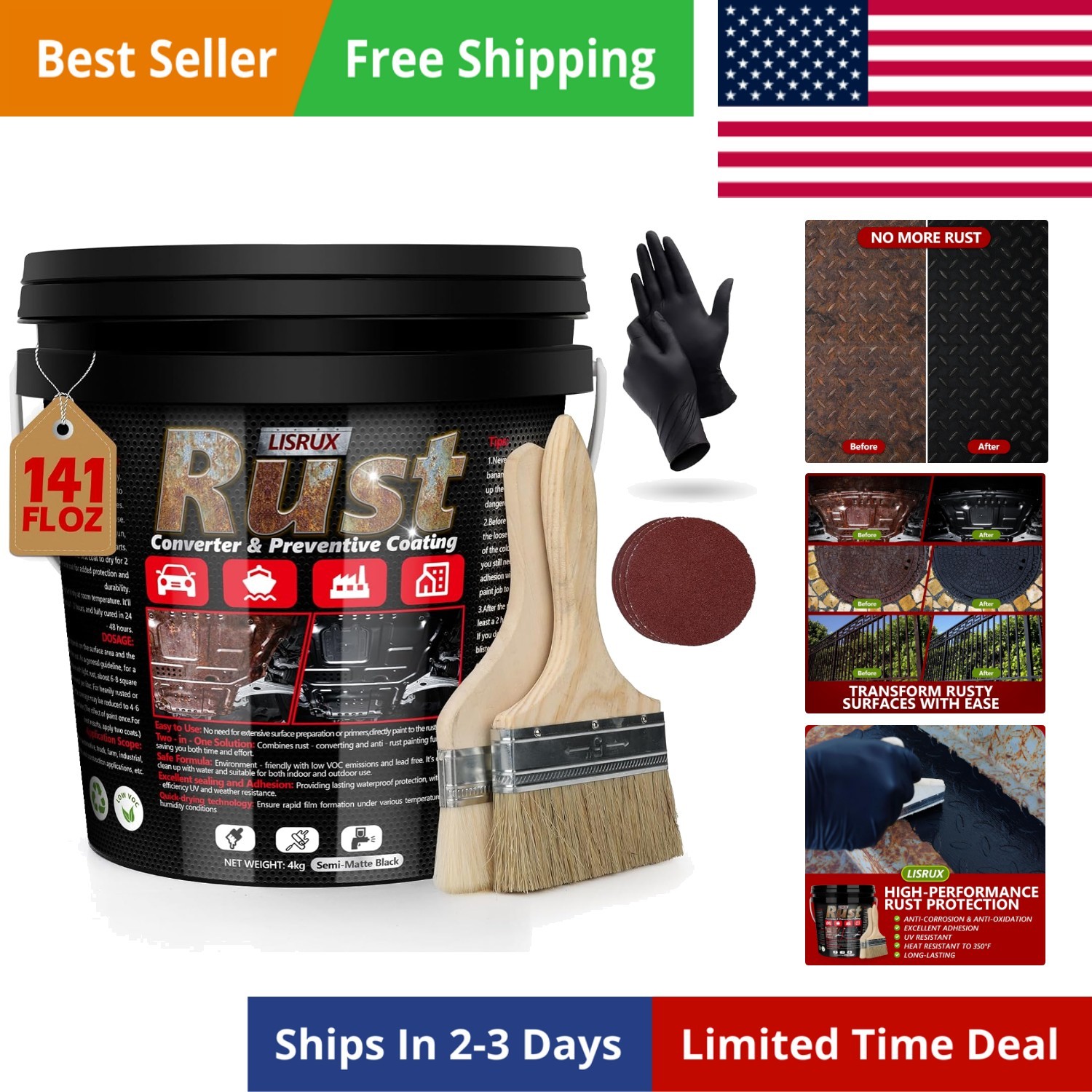 Rust Converter & Metal Primer, 141 Fl Oz Black Rust Inhibitor Paint for Metal…