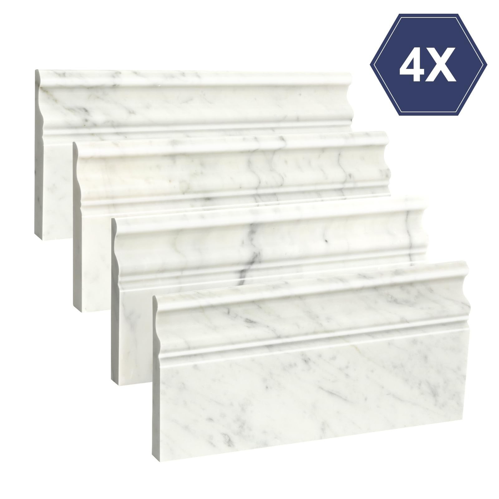 4 Pack Carrara White Marble Baseboard Trim Molding 5 x12” Polished Wall Base…