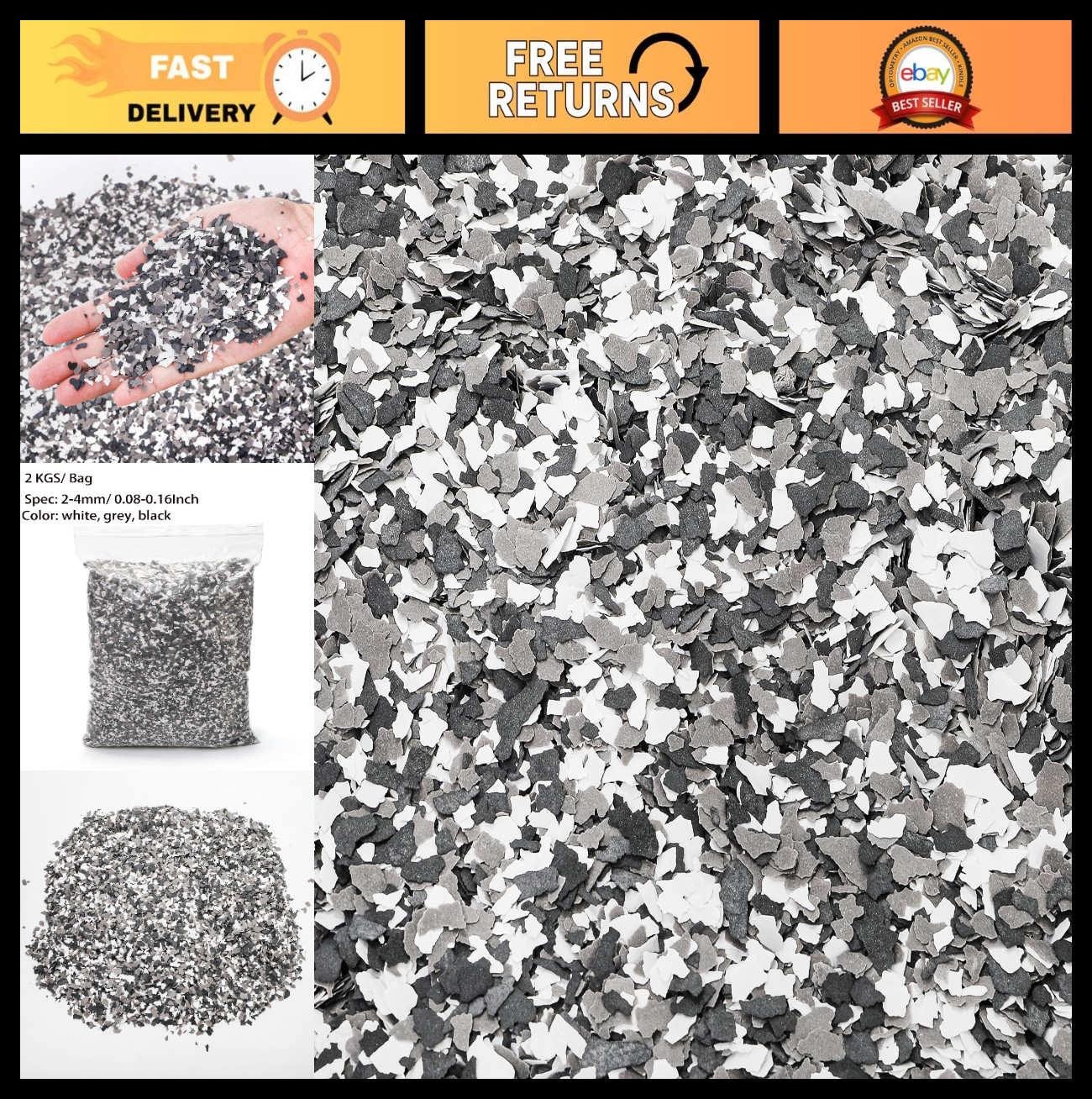 Decorative Color Chips for Garage Floor Epoxy – 2 Kg/4.4 Lb, Gray, White, Black