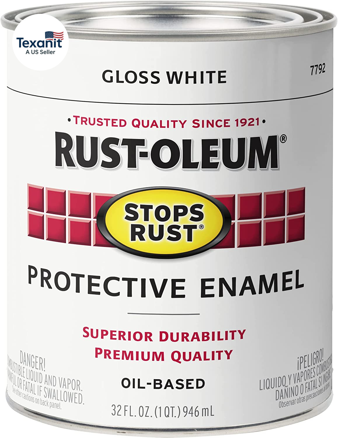 7792502 Stops Rust Brush on Paint, Quart, Gloss White, (Pack of 1)