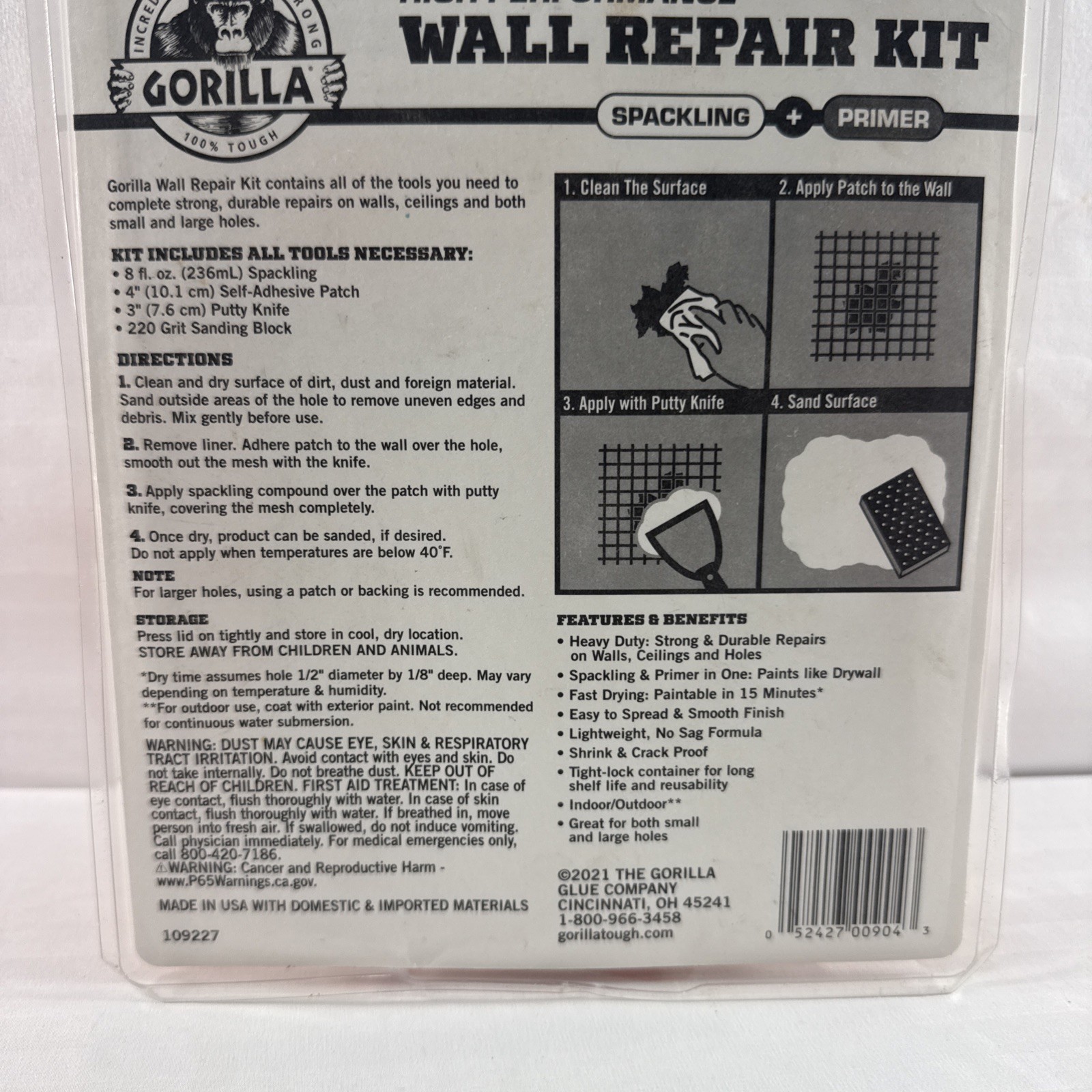 Gorilla High Performance Wall Repair Kit Spackling + Primer 109228
