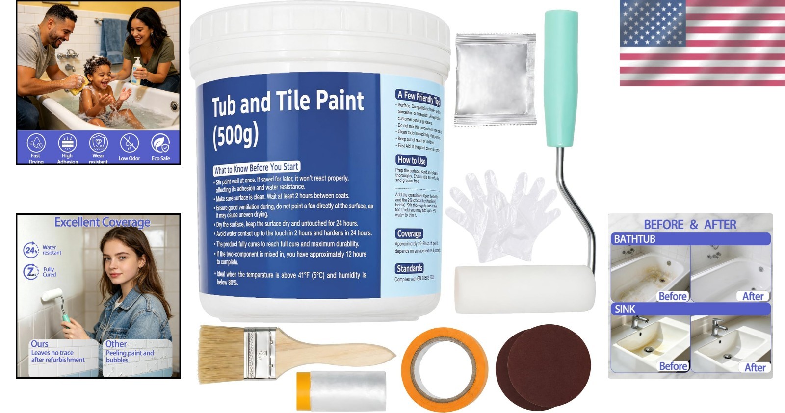 Tile Paint Kit Bath Tub Sink Wall Refinishing 17.6oz White Gloss