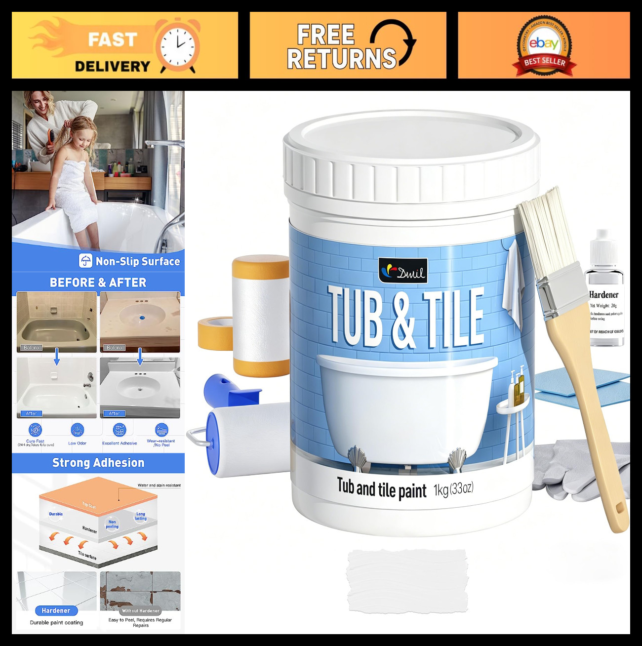 33oz Tub and Tile Refinishing Kit – Water-Based, Low Odor, Easy Use, Semi-Gloss