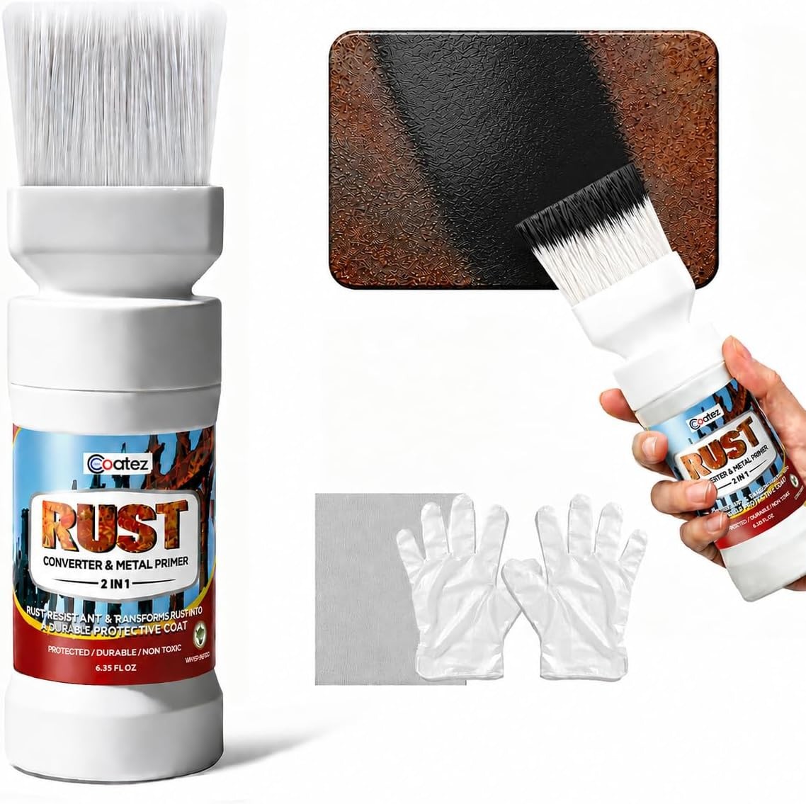 2-in-1 Rust Converter & Metal Primer with Built-In Brush, Water-Based Rust Tr…