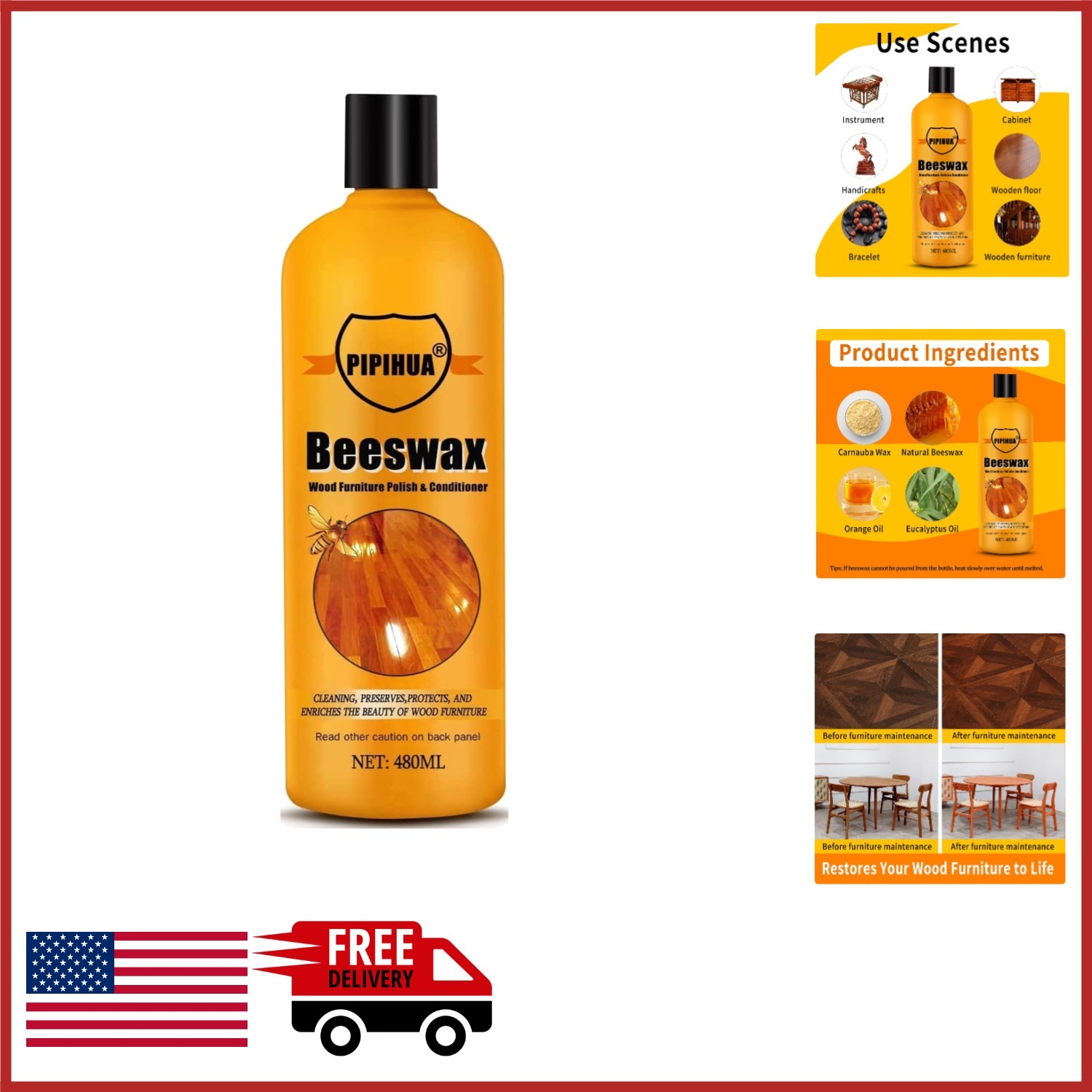 Multipurpose Beeswax Polish for Wood Furniture Waterproof Cleaner 16.22 Fl Oz